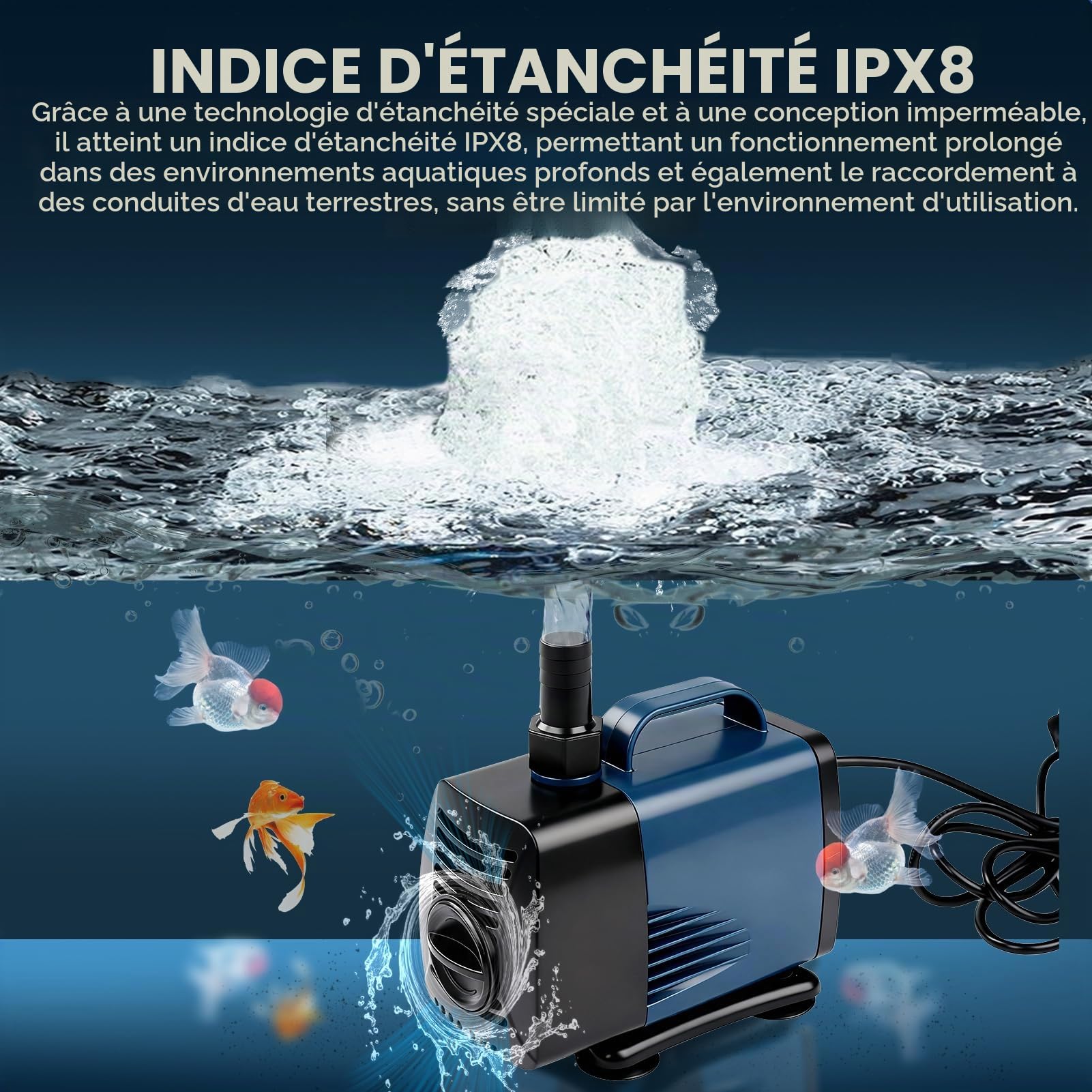 Nikou Pompe de Bassin 85W 5000L/H, Pompe Fontaine Exterieur Pomp À Eau Submersible Silencieuse Pompes de Filtration avec Câble 2.8m, Tête 4m, Protection Surchauffe, pour Aquarium, Fontaine, Étang