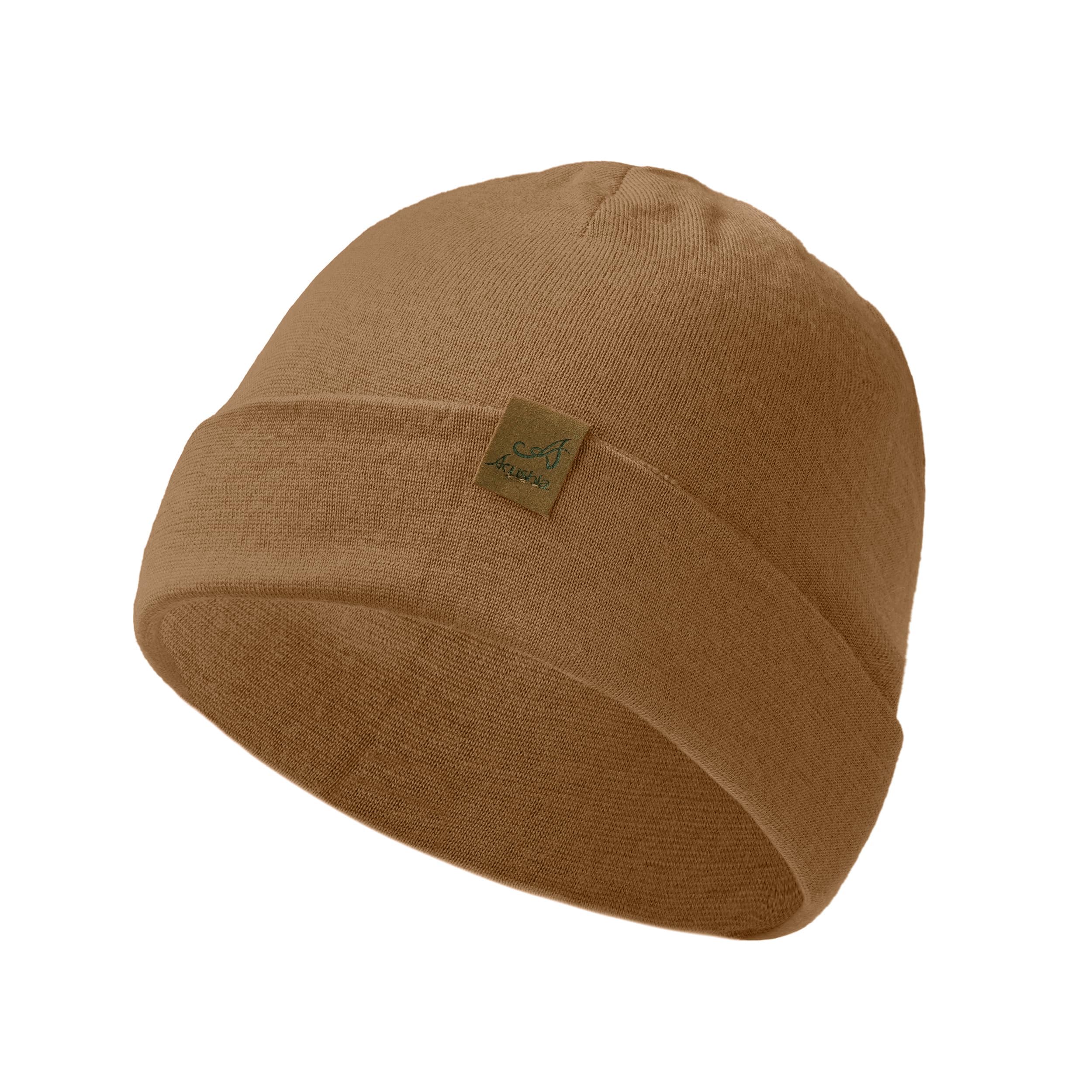 Acushla Unisex Camel 100% Merino Wool Cuff Beanie For Men & Women Knitted Winter Hat Watch Cap Skull Wrap For Cold Weather (Camel)