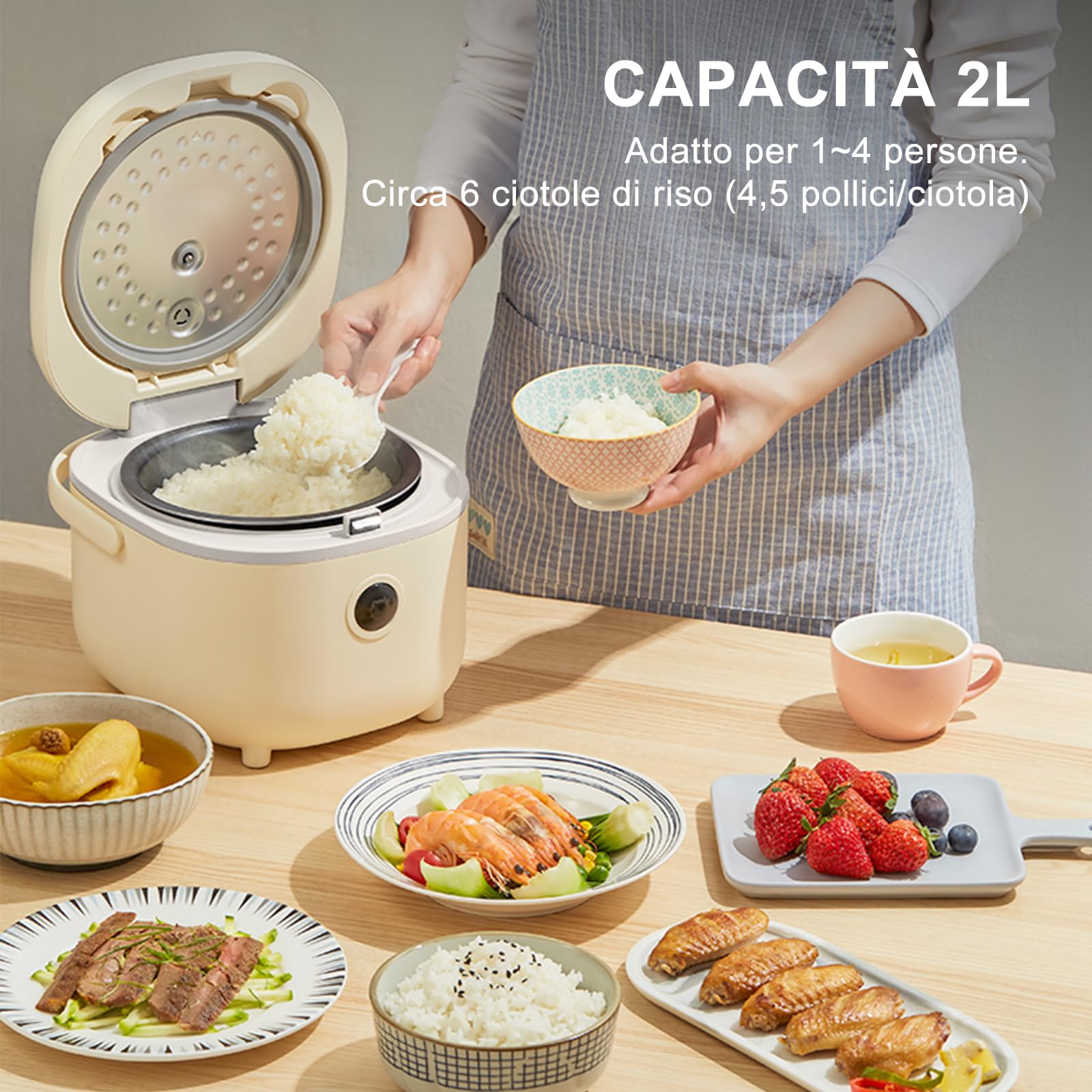 Bear Cuociriso 3,5 tazze (non cotte) con Vaporiera,Rice Cooker Mini Multifunzionale da 350W, 6 Funzioni di Cottura del Riso per 2-4 Persone