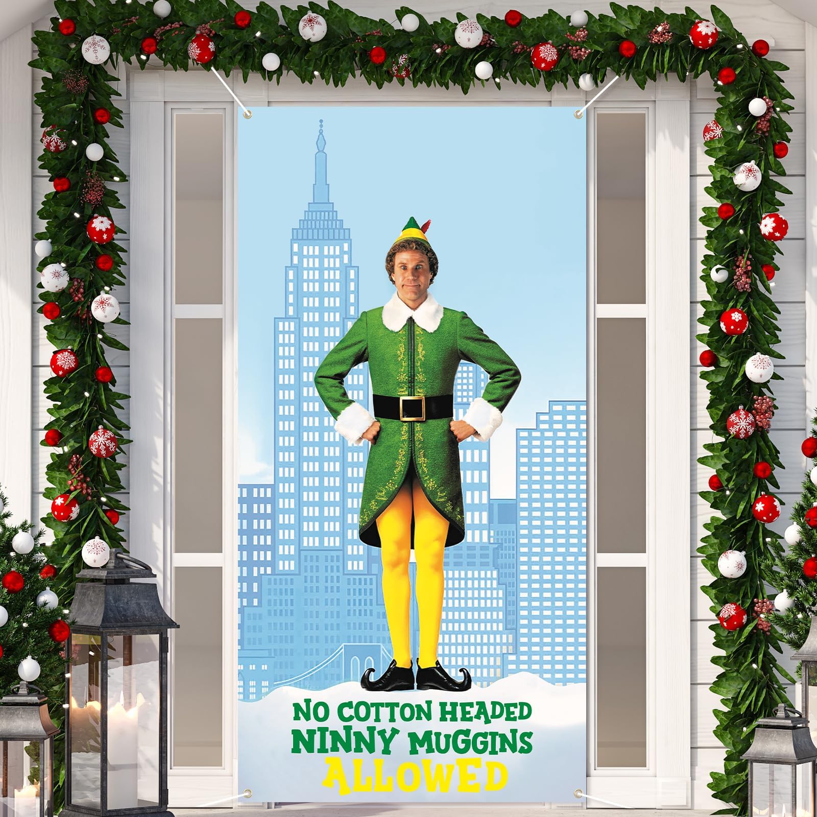 Arosche Christmas Decorations Door Cover 6x2.9 Ft Funny No Cotton Headed Ninny Muggins Allowed Porch Sign Buddy The Elf Backdrop Xmas Hanging