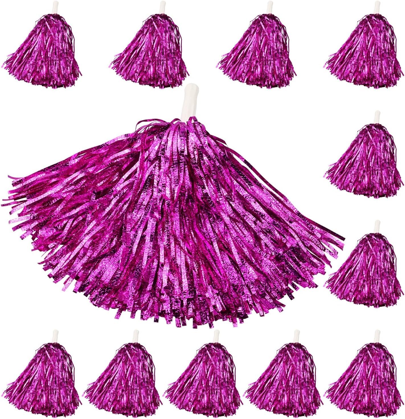 Goldedge 6 Pack Cheerleading Pom Poms with Handle Cheerleader Pompoms Metallic Foil Pompoms for Sports Team Spirit Cheering Party Dance(Pink)