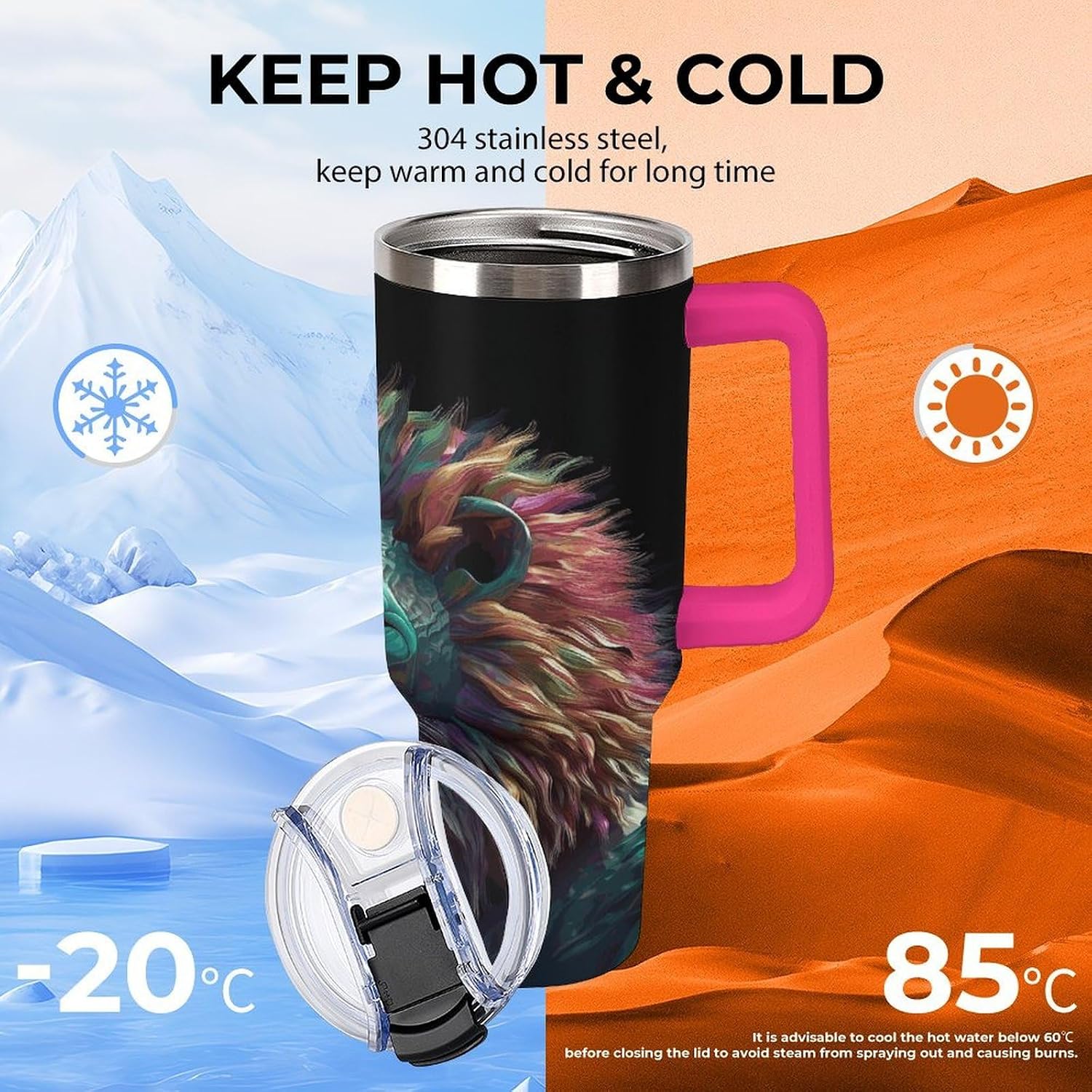 Abstract D Art Lion Tumbler 40 Oz with Handle&Lid Large Car Cup Stainless Steel Vacuum Travel Mug Insulated Water Bottle Leak-proof Portable Coffee Cup for Home Car Outdoor