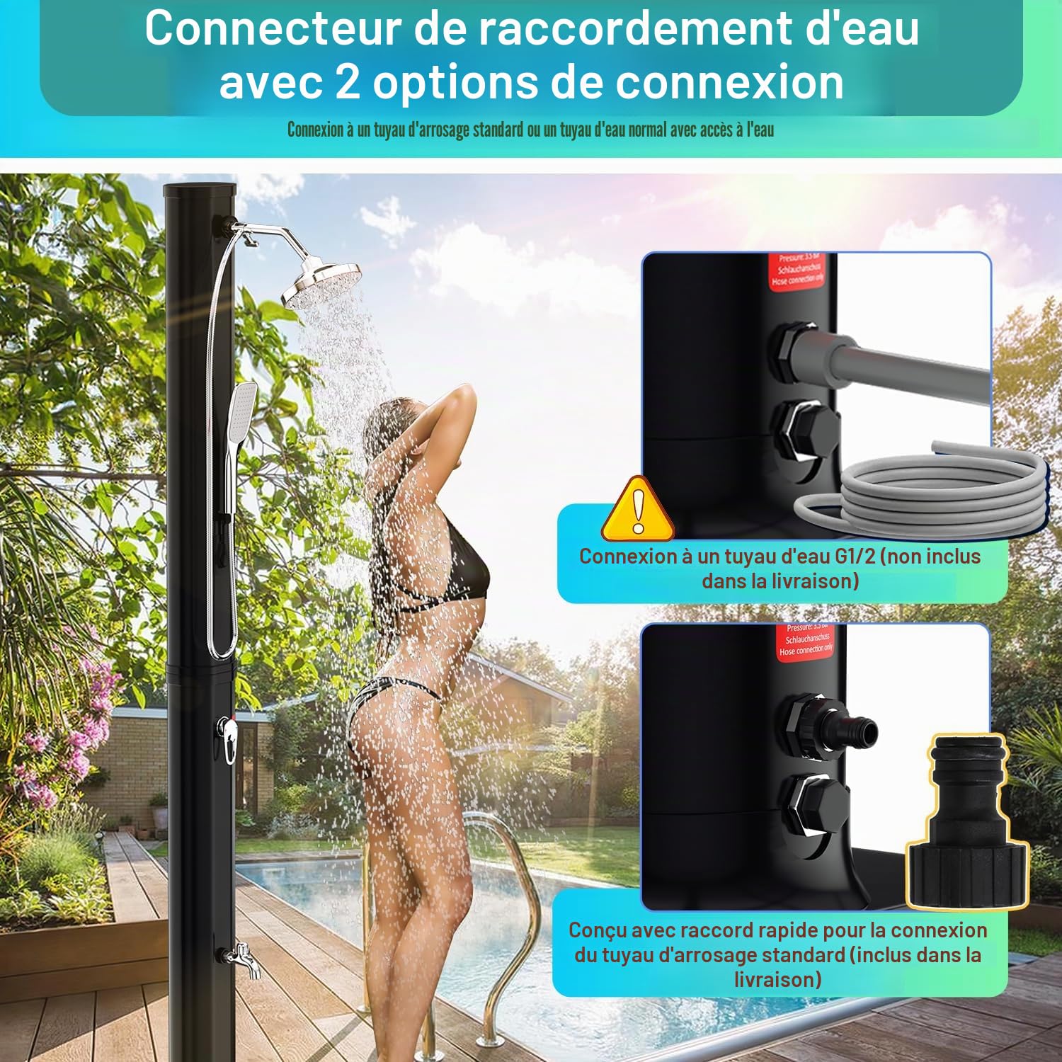 Randaco Douche Solaire de Jardin - Eau Chaude jusqu'à 60 °C - sans raccordement électrique - Douche de Piscine - Camping avec douchette à Pied et douchette à Main - Tête de Douche à Effet Pluie