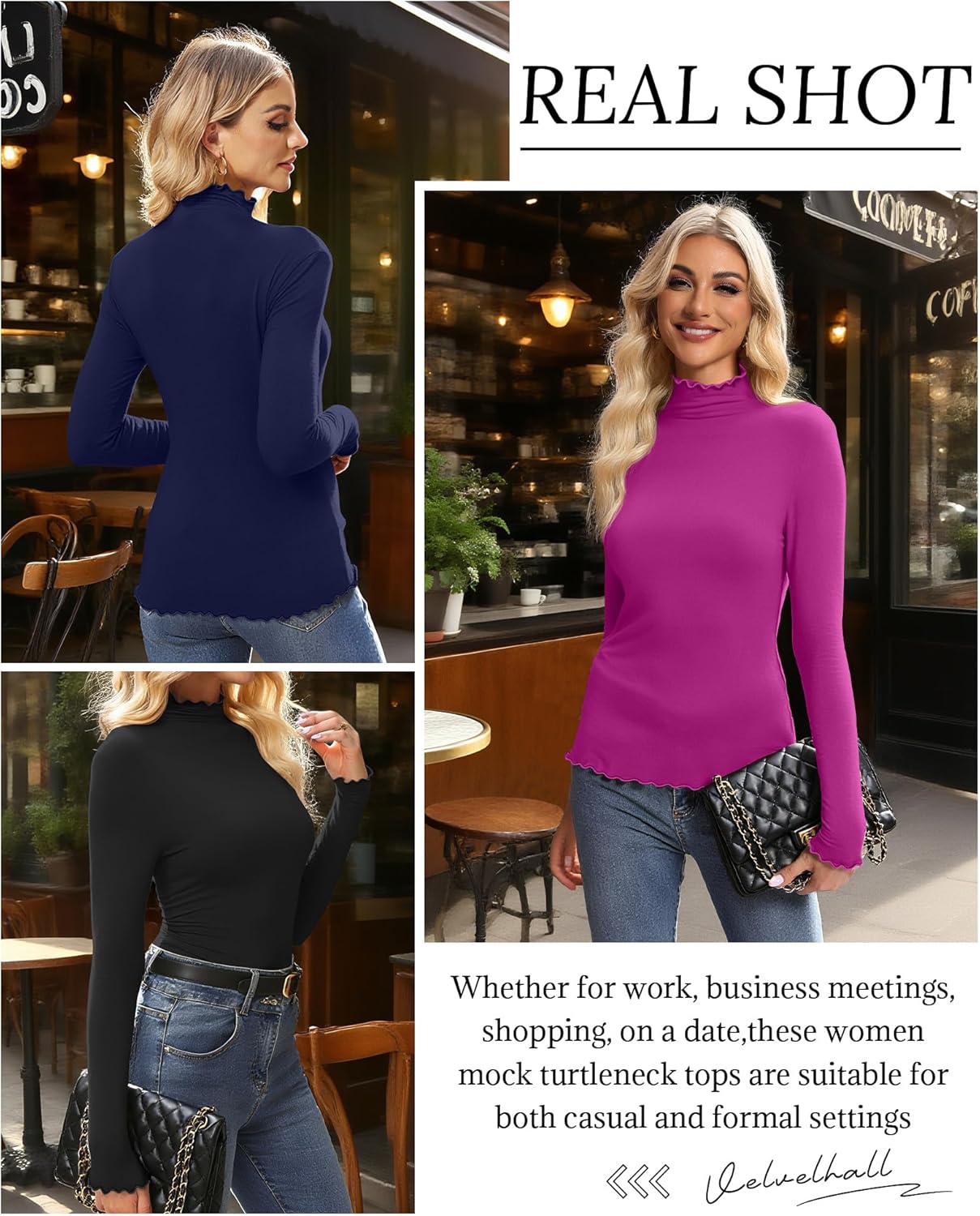3 Pack Women's Mock Turtleneck Tops Long Sleeve Lettuce Trim Shirts Ruffle Neck Slim Fit Casual Tight Layer - Image 6