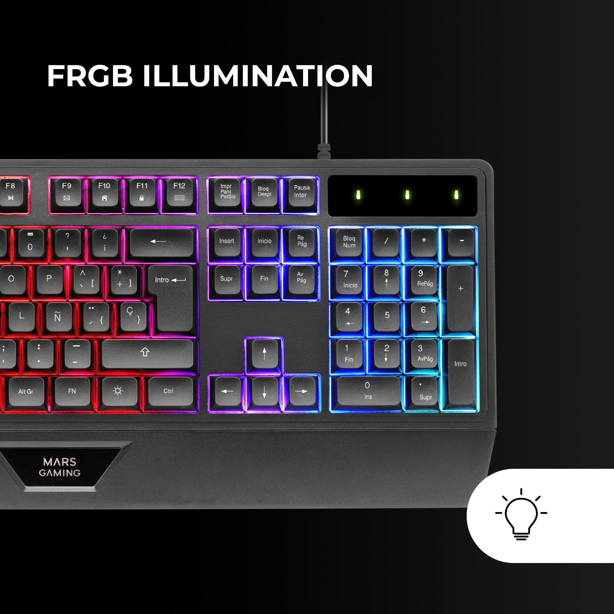 Mars Gaming MK124, Lingua Spagnolo, Tastiera Ergonomica H-Mech Completa, Poggiapolsi Integrato, Illuminazione FRGB Rainbow, Gaming Antighosting, Multiplatforma, Nero