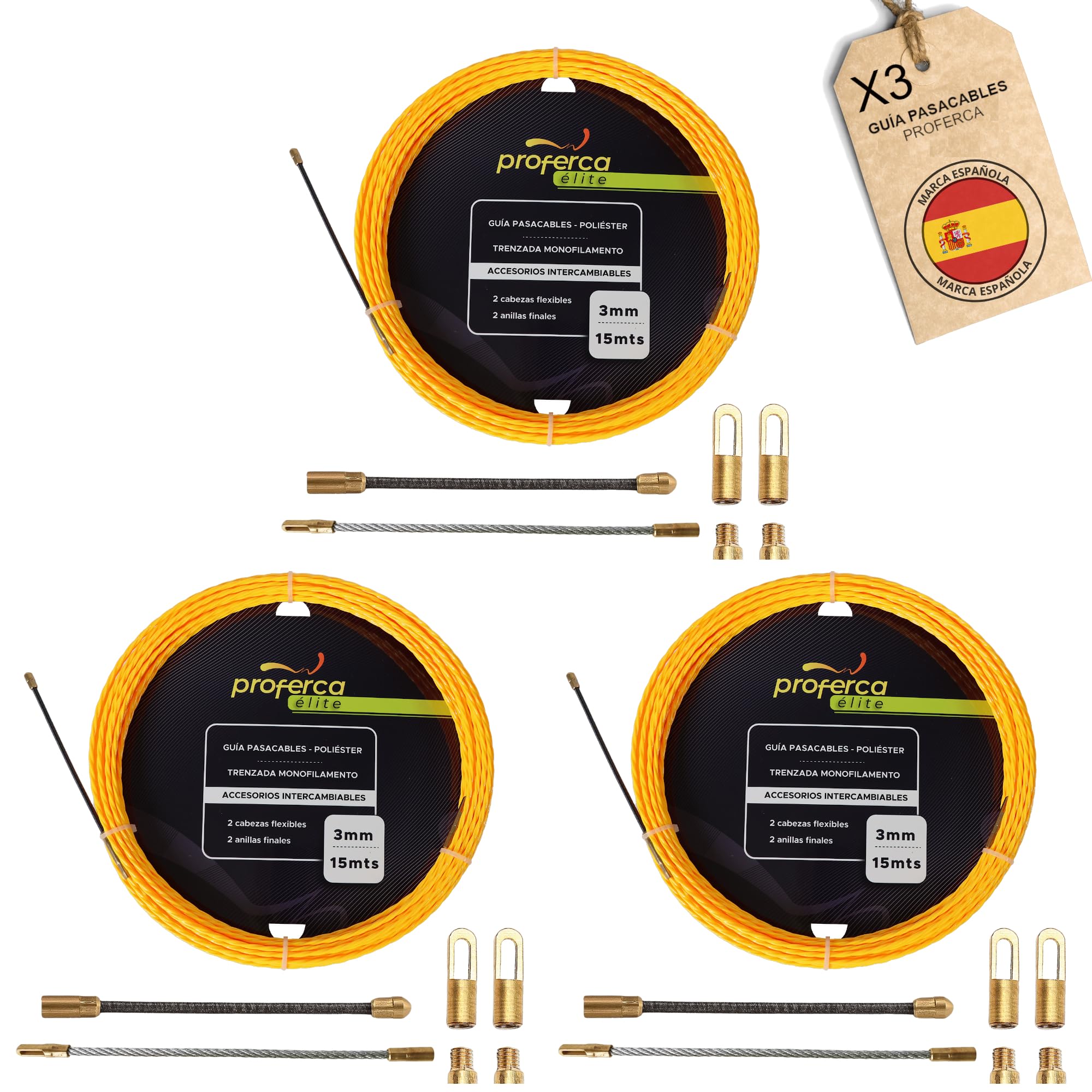 Guia pasacables de poliester trenzado de 3mm y 15m con terminales en pack de 3 unidades