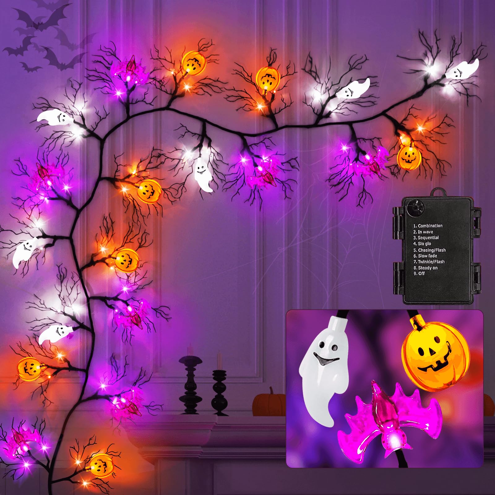 6 Ft 8 Modes & Timer Halloween Willow Vine Twig Garland with 45 LED Orange Purple White Lights Pumpkin&Bat & Ghost,Halloween Decorations Indoor with Battery Operated for Home Wall Fireplace