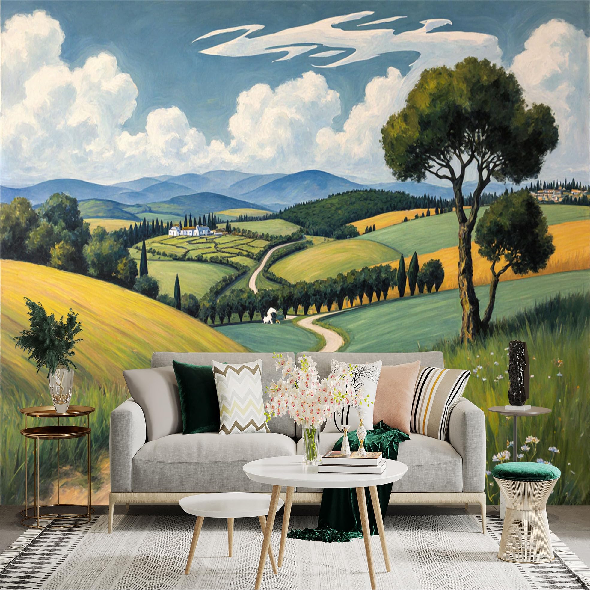 Lnzczhyre Xc260505523 Custom Size Wall Sticker Mural， Rolling Hills With Winding Path， Countryside Landscape， Sunlit Meadows， Pastoral Scenery， For Wall Decoration， Peelandstick Wall Decals.