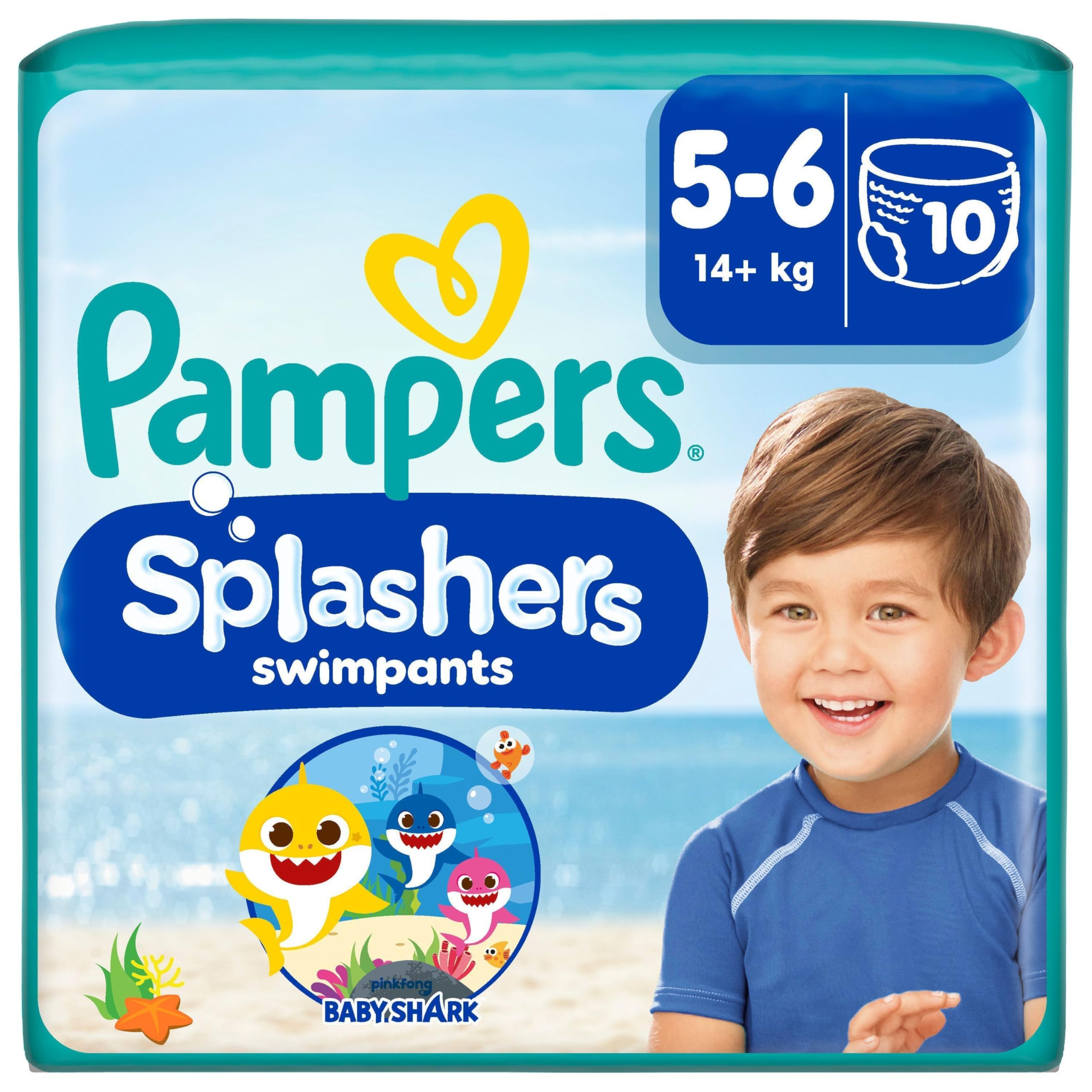 Pampers Windeln Größe 5-6, Splashers Baby Shark Limited Edition, 10 Stück, Einweg-Schwimmwindeln, für sicheren Schutz im Wasser