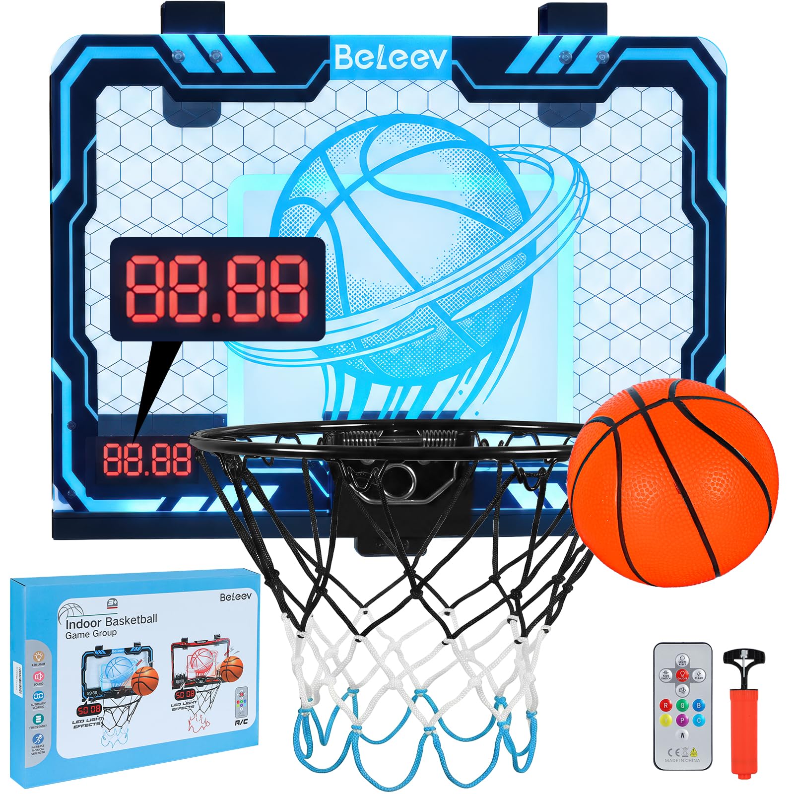 BELEEV Mini Indoor Basketball Hoop for Kids with 7 Colour LED Lights, Remote Control, Electronic Scoreboard, Foldable Rim, Ball & Pump, Over Door Basketball Hoop Gift for Boys & Girls Ages 4-12 (Blue)
