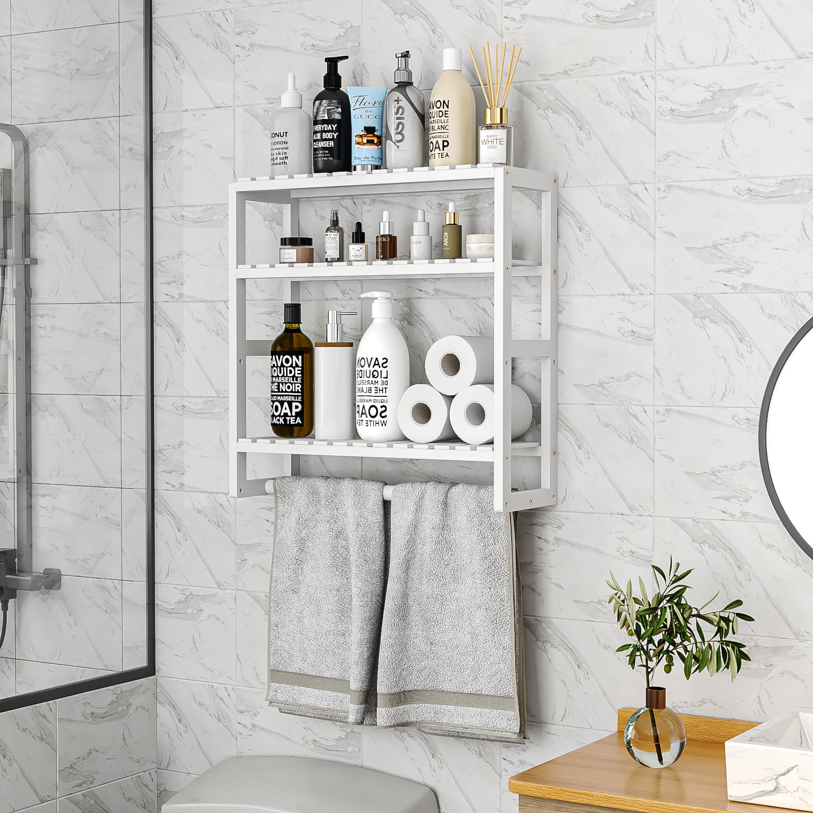 Towel Racks Bathroom Shelves Over Toilet Storage with Towel Bar 3 Tier Floating Wall Mounted Space Saving Bamboo Paper Holder for Bathroom Laundry Room Kitchen Organizers