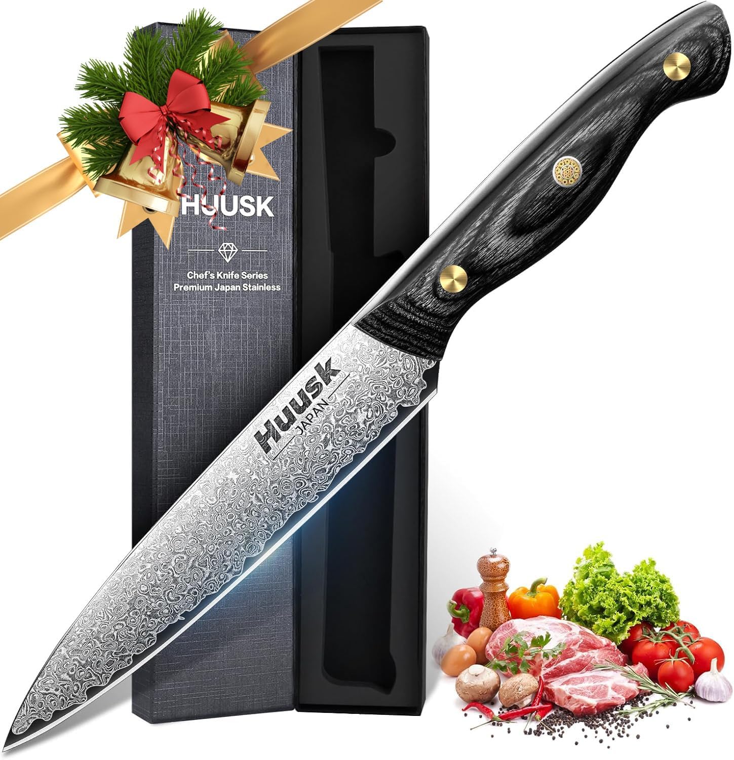 Huusk Damascus Kitchen Utility Knife, Japanes VG10 Small Chef Knife 5 inch with Ergonomic Wooden Handle, Versatile Knife for Vegetable Fruit Meat,Birthday Dad Mom Gift Huusk Damascus Kitchen Utility Knife, Japanes VG10 Small Chef Knife 5 inch with Ergonomic Wooden Handle, Versatile Knife for Vegetable Fruit Meat,Birthday Dad Mom Gift