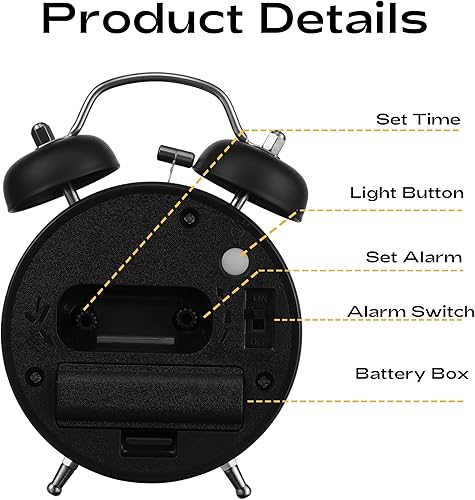 Miniatura 7 de AKCISOT Reloj despertador alto para personas que duermen profundamente, 3 pulgadas, analógico, de metal, doble campana, funciona con pilas, con luz