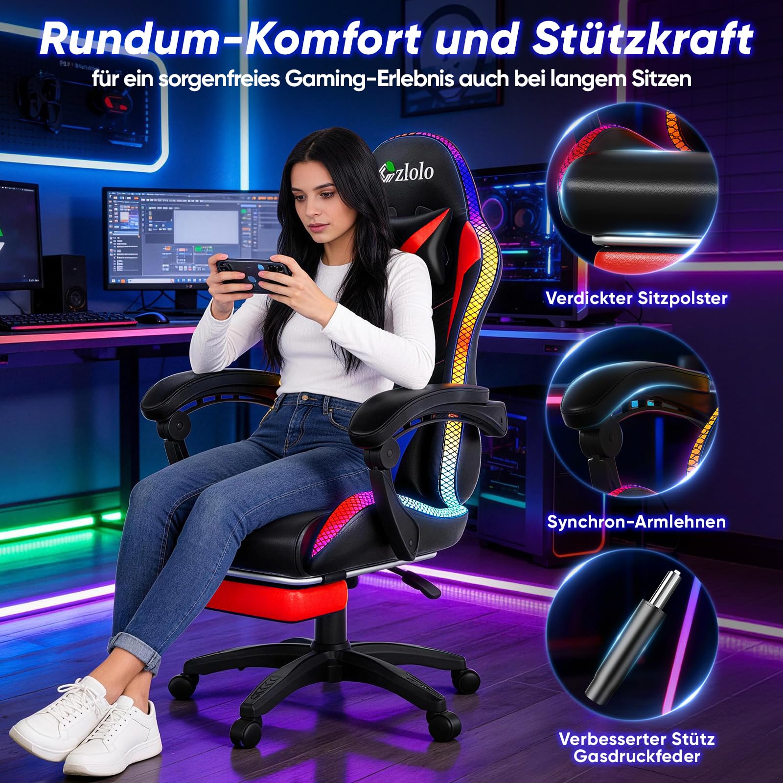 Czlolo Gaming Stuhl, RGB LED-Licht Gaming Sessel mit Fußstützen, Ergonomische Bürostuhl, Gaming PC Chair für Erwachsene und Kinder, Computer Stuhl mit Kopfstütze und Massge, Höhenverstellbar, Blau
