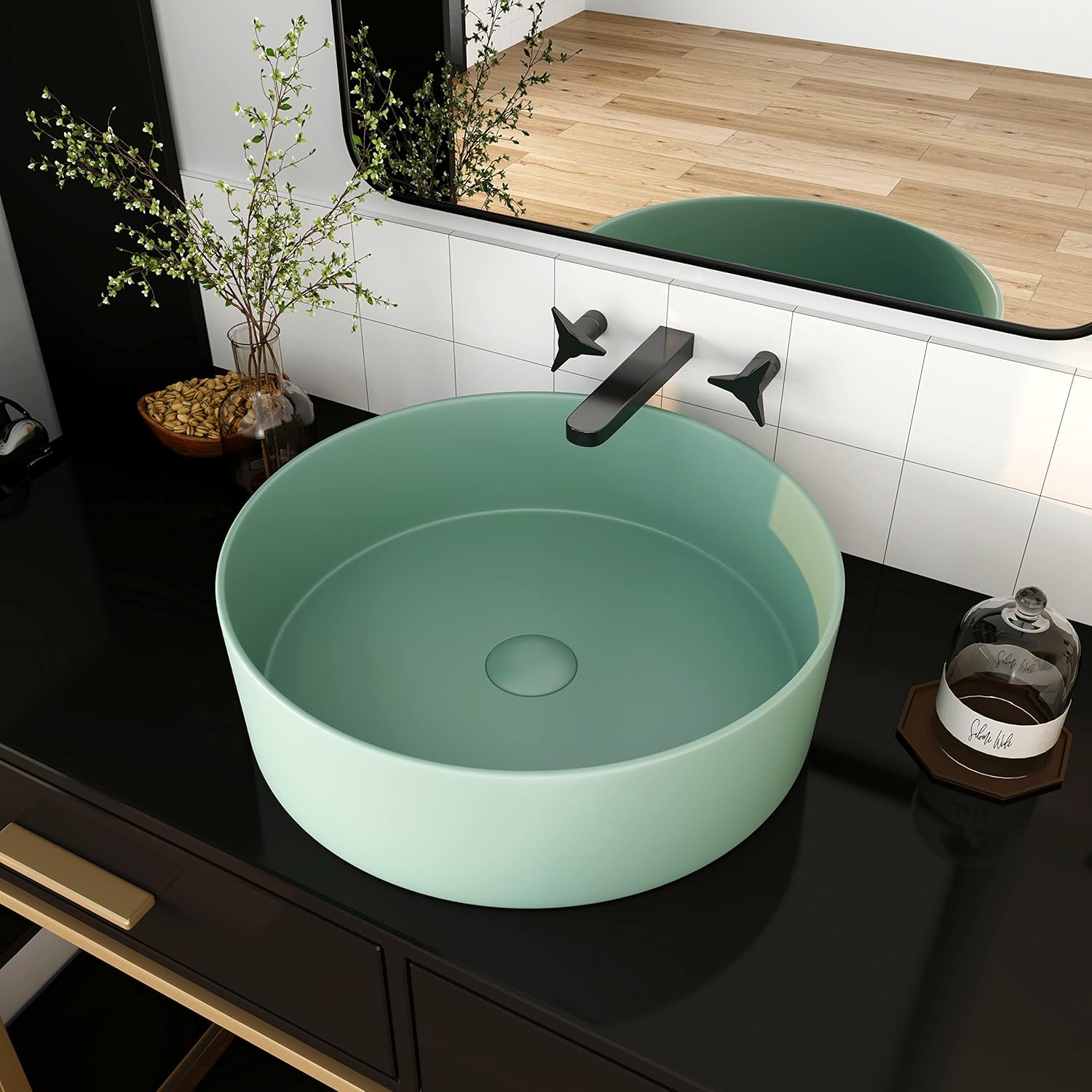 Arcthirly 15.7” Round Vessel Sink Above Counter,Matt Light Green