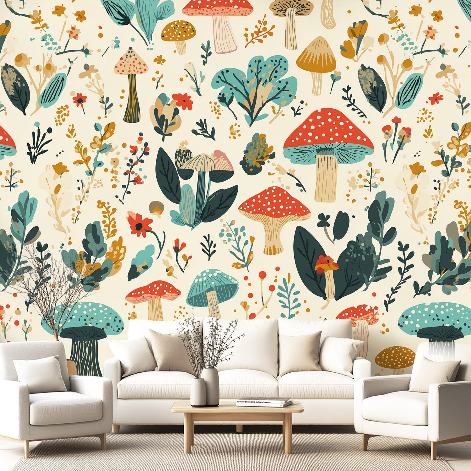 Tapeta 3D wiejska nordycka sielankowa 350 x 256 cm mural ścienny, grzyby kwiaty rośliny tapeta mural do sypialni, przedszkola, malowniczego ogrodu wisząca