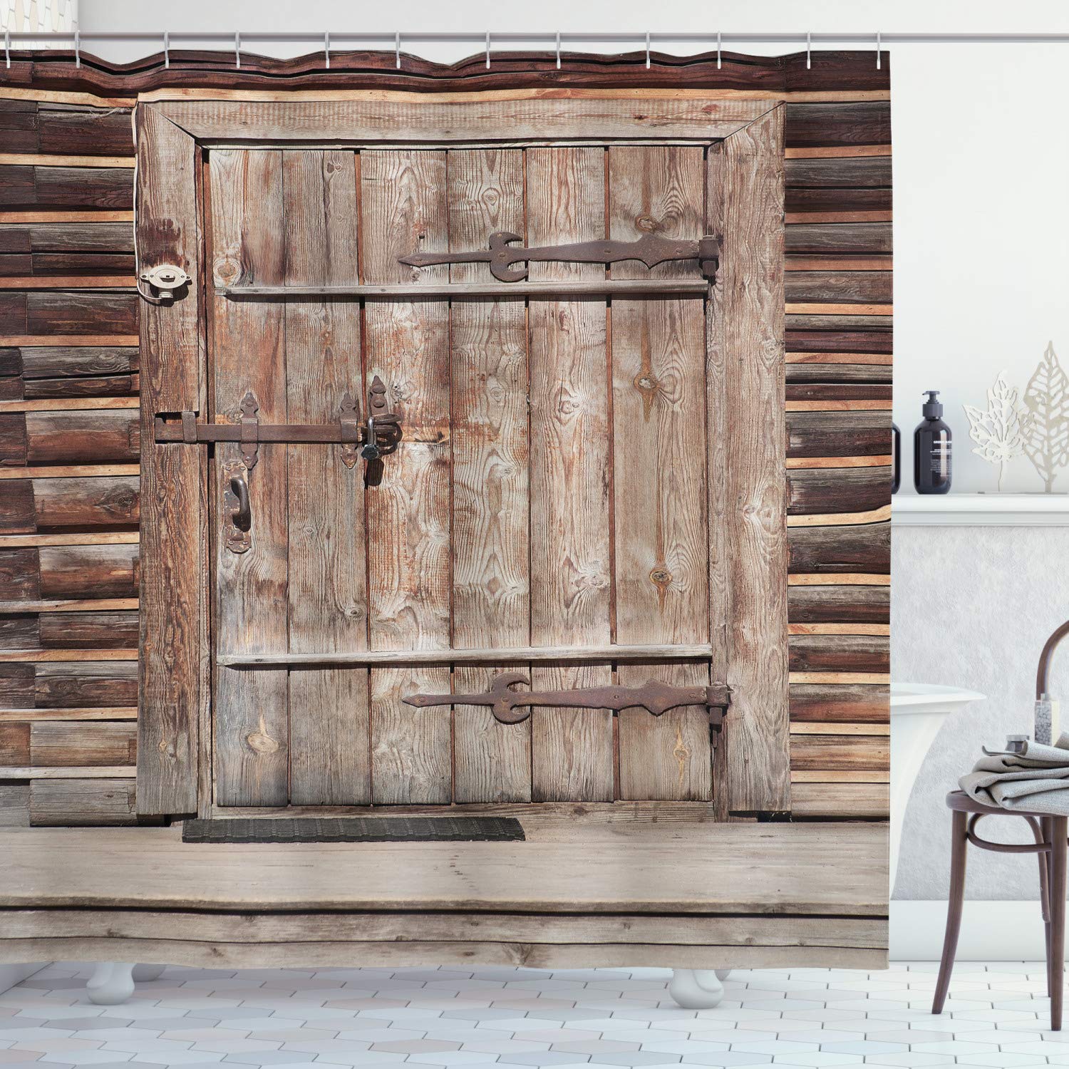 ABAKUHAUS Rustic Shower Curtain, Timber Rustic Door in Wall of an Old Log House Abandoned Building Entrance Gate, Cloth Fabric Bathroom Decor Set with Hooks, 70 Inches, Brown