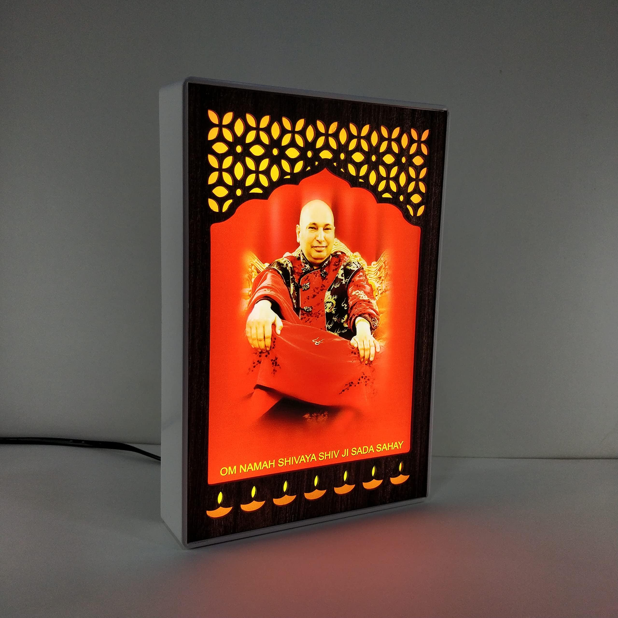 Regalo Casila Guru Ji Photo with Light Idol Set for Pooja Guruji Photo Frame with Light Religious Good Luck Gift Office Decorative Item White Cabinet Frame Size 6 x 9 Inch