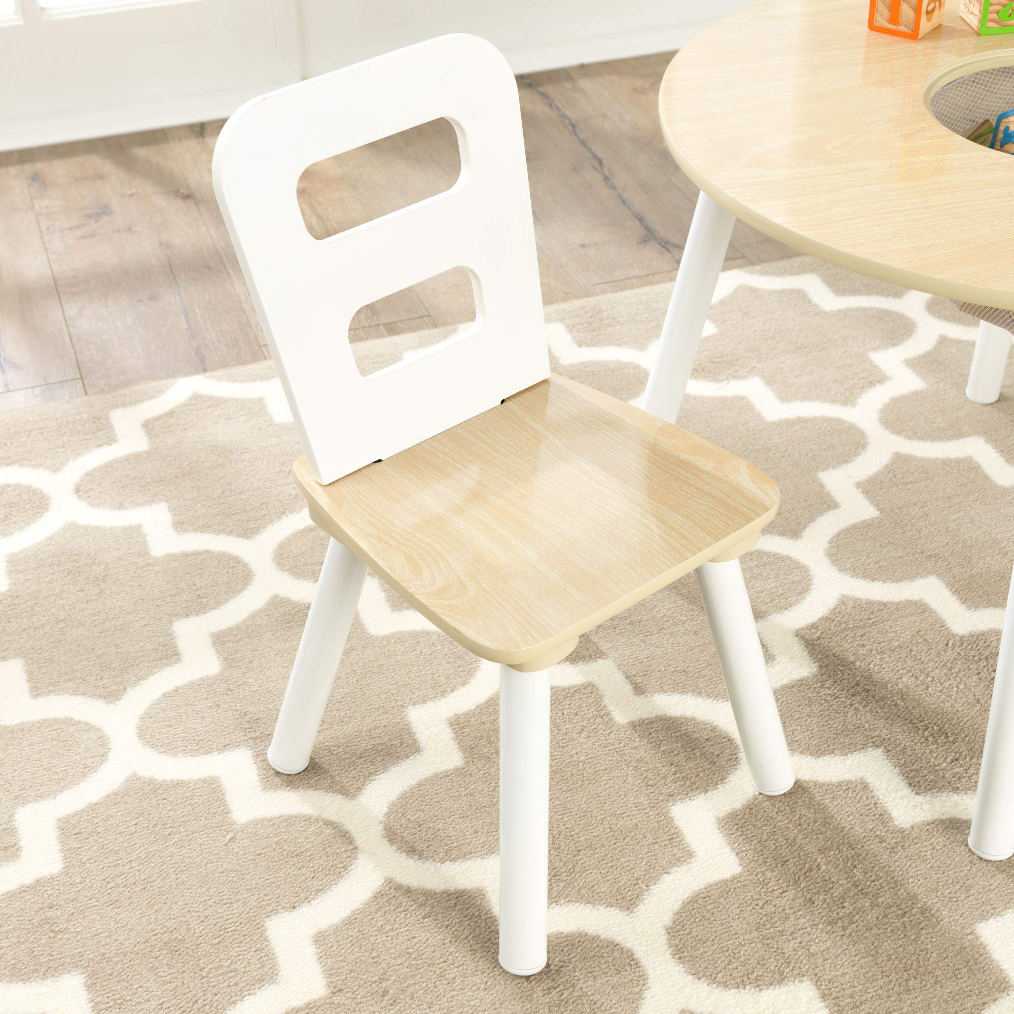 KidKraft Wooden Round Table & 2 Chair Set with Center Mesh Storage - Natural & White, Gift for Ages 3-6