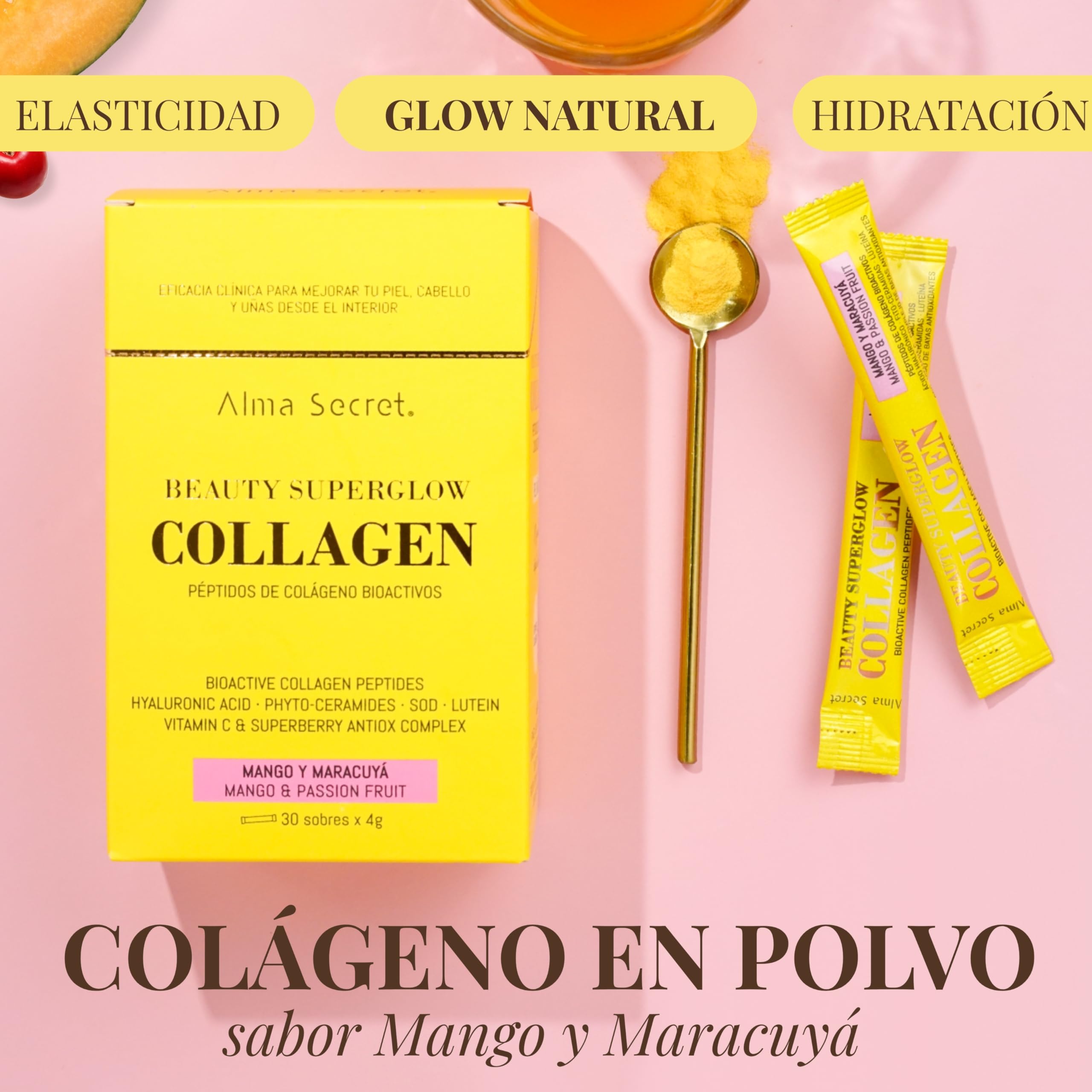 Colágeno Hidrolizado Puro con Ácido Hialurónico Piel Uñas Cabello - Sabor Mango Maracuyá - Suplemento Antiedad Firmeza Elasticidad Hidratación Antioxidante Belleza Natural Sin Azúcar Sin Gluten