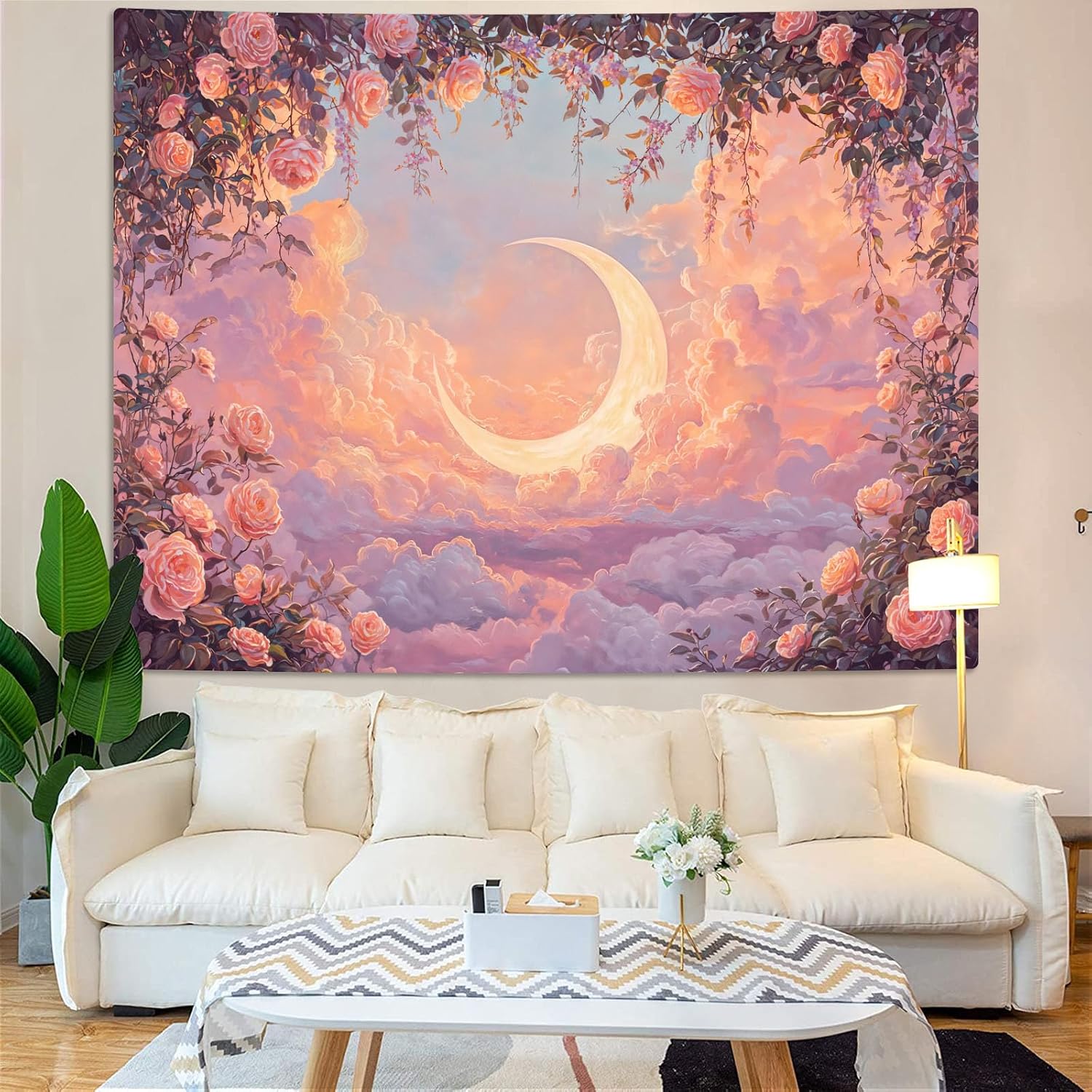 Leeisysme Pastel Rose and Moon Tapestry, Romantic Floral Dreamy Cloudscape Aesthetic Wall Art Bedroom Living Room Decor for Girl Women, Pink 36x48 inches