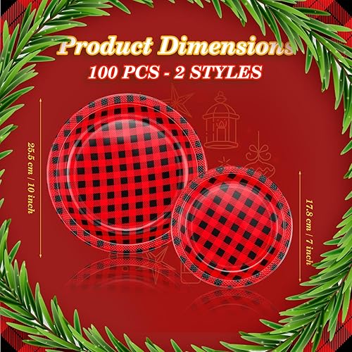 Miniatura 2 de 100 platos de plástico rojo y negro de Navidad de 7 y 10 pulgadas, platos de Navidad a cuadros de búfalo, platos redondos desechables de postre,