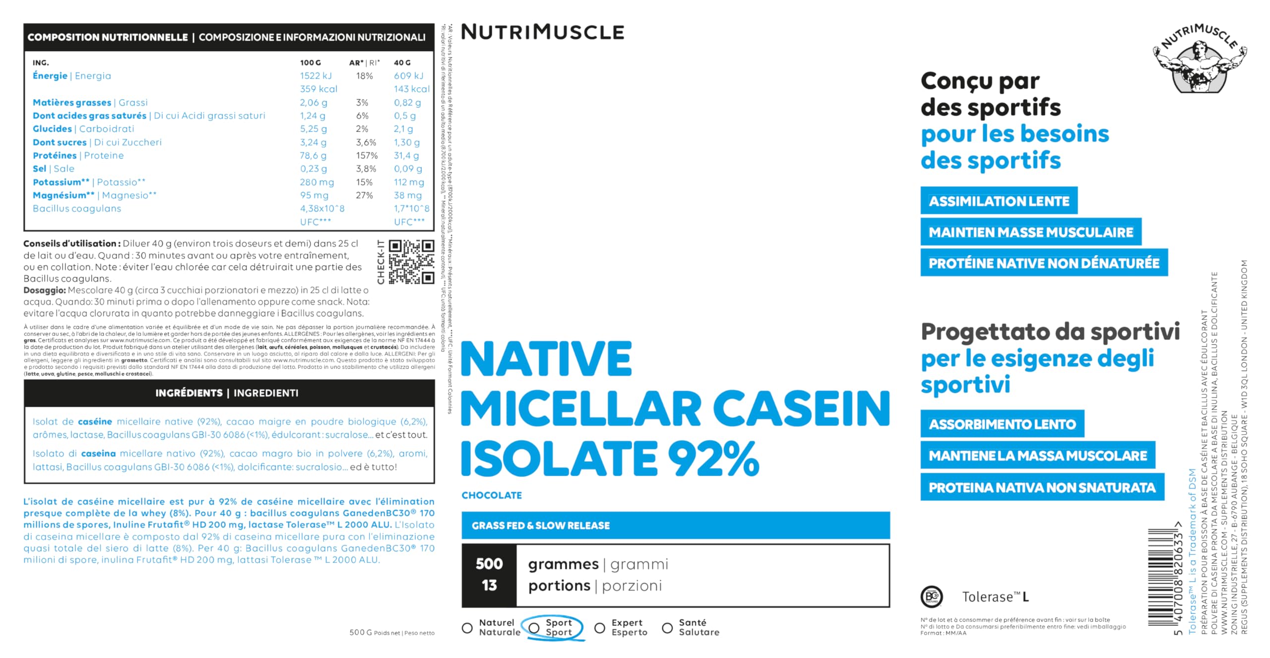 Nutrimuscle Caseina Micellare Isolata | Purezza record 92% - Costruzione muscolare - Soppressore dell'appetito - Assimilazione molto lenta - Non OGM - Costruzione muscolare e fitness (500 g)