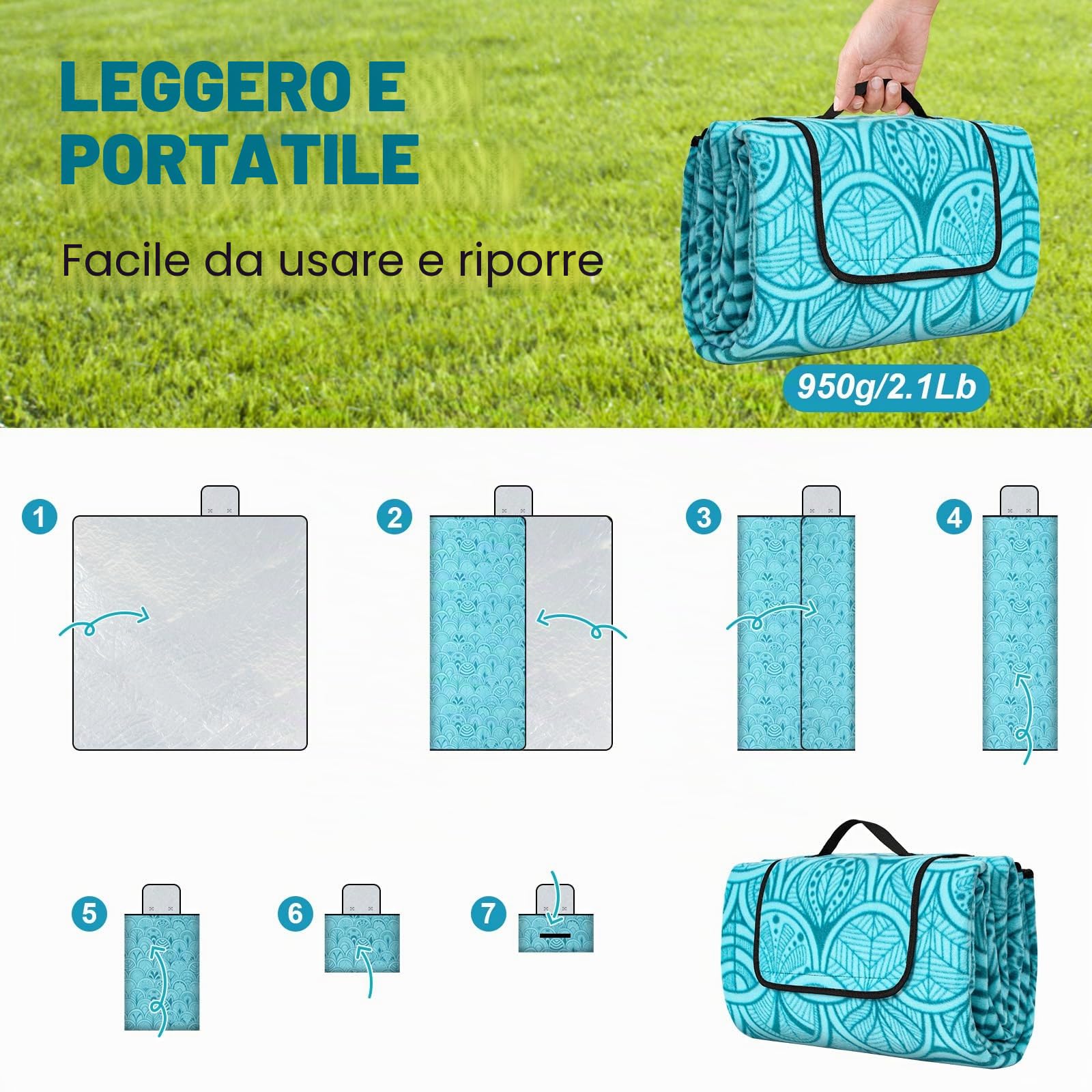 Coperta Picnic Impermeabile 200x200 cm, Telo Picnic Impermeabile, con Maniglia, Lavabile Lavatrice, Pieghevole, Coperta da Spiaggia Picnic, Tappetino da Picnic per Spiaggia, Viaggi, Campeggio