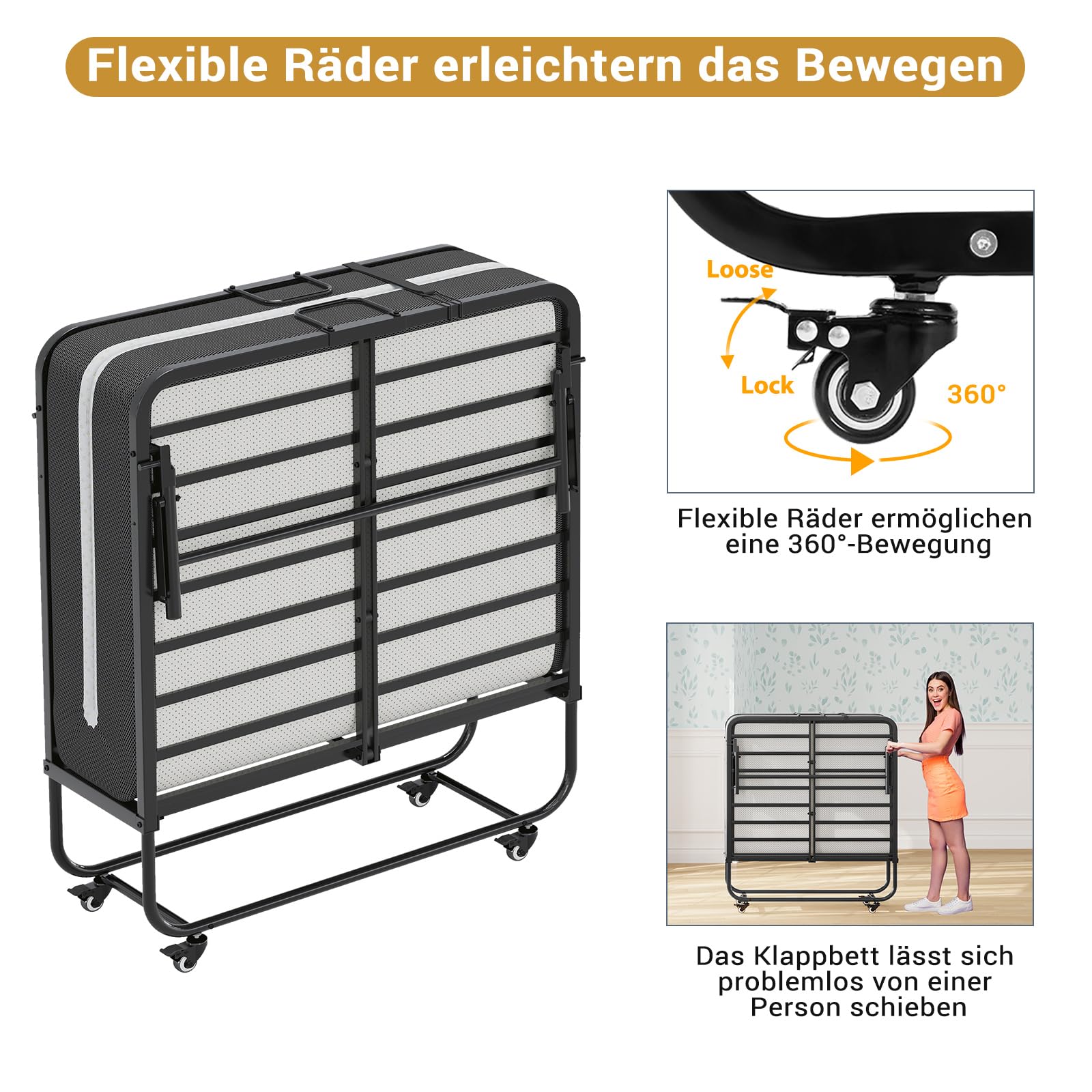 Brinlawb Gästebett Klappbar 90x200 cm mit 10cm Dicker Schaumstoff Matratze Klappbett 90x200 Erwachsene Langlebiger & Robuster Metallbettrahmen mit 4 Laufrollen Faltbares Reisebett bis 200 kg belastbar