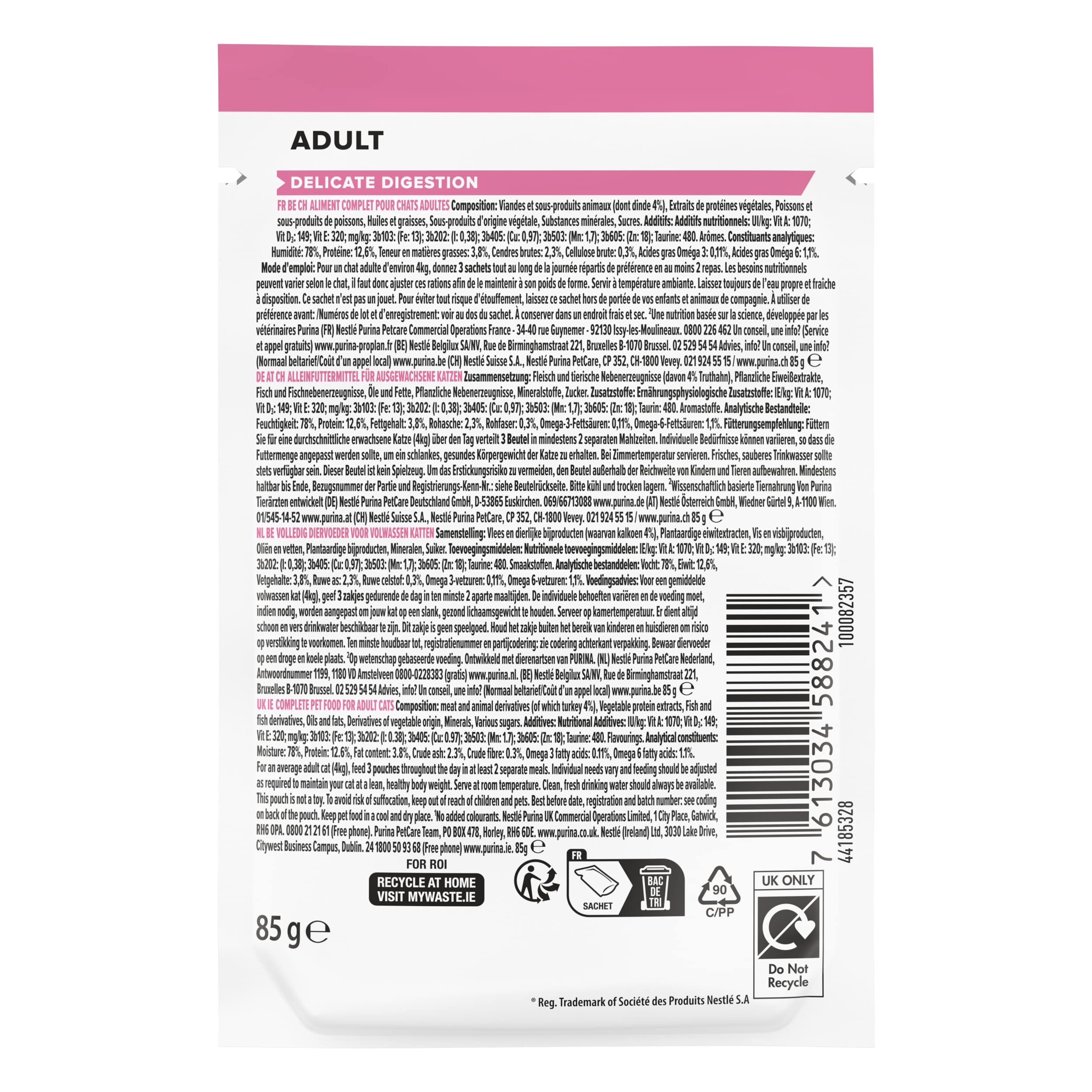 PURINA PRO PLAN | Adult DELICATE DIGESTION | Aliment Complet pour Chat Adulte | Aide à favoriser un système digestif sain | Effilés en Sauce| à la Dinde | Sachets | Lot de 26 x 85g