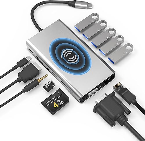 Powerbear Estación de acoplamiento 13 en 1, adaptador multipuerto con HDMI, VGA, 5 puertos USB, Ethernet, lector de tarjetas SDTF, USB C a audio de