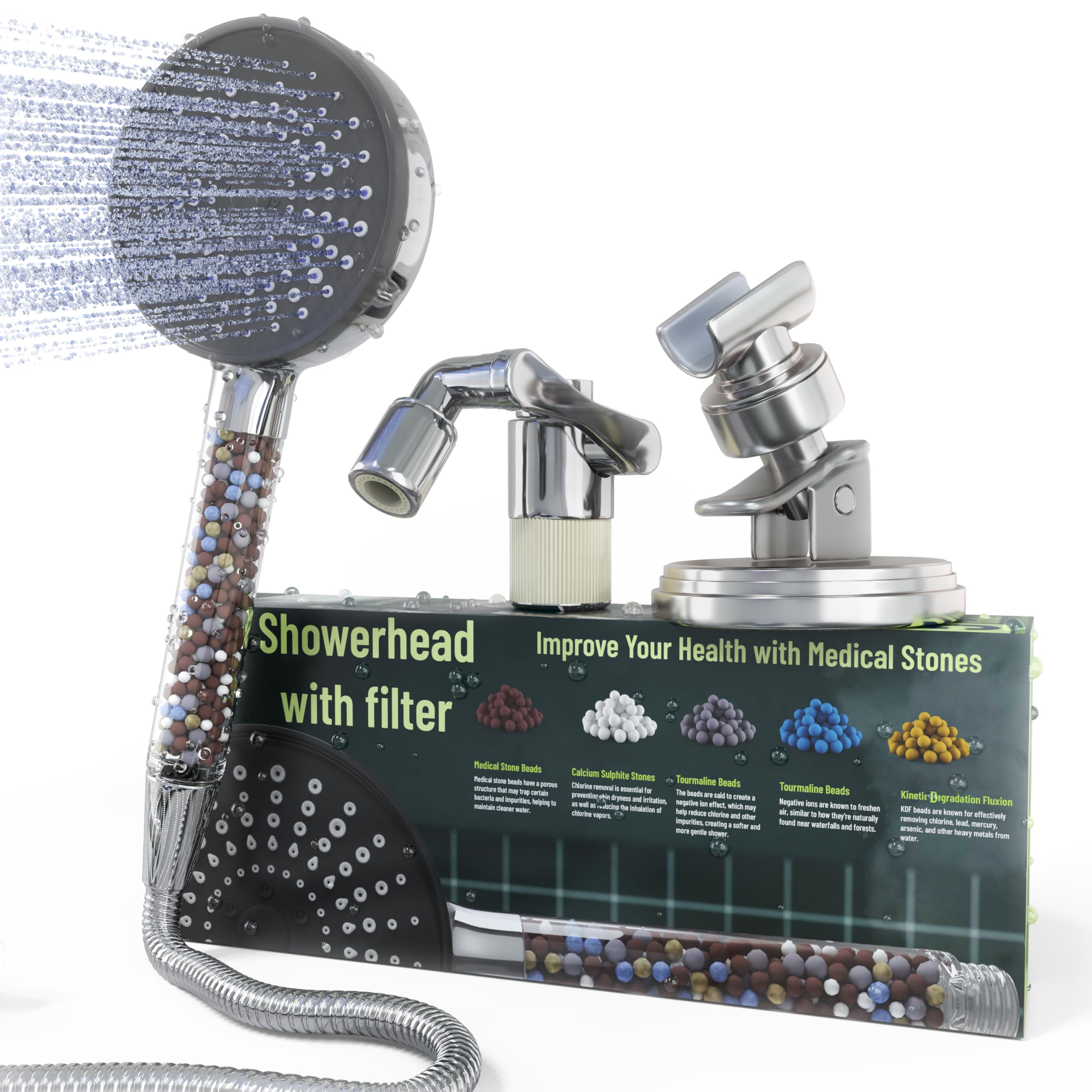 Cabezal de ducha con soporte ajustable, cabezal de ducha de alta presión con 5 modos de pulverización con 5 filtros, filtros suavizantes de agua para agua dura, elimina el cloro, filtro