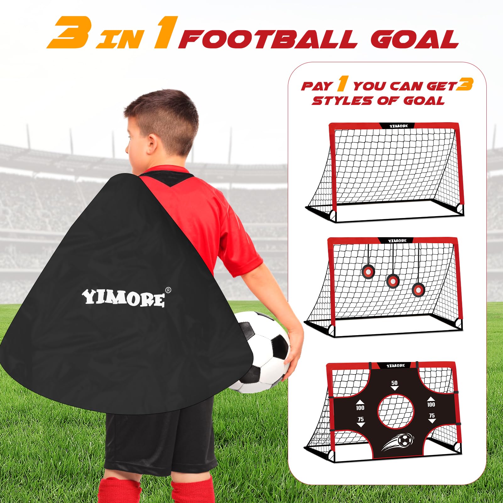 Yimore Porta Calcio Bambini, 3 In 1 Porte da Calcio per Bambini con Borsa a Mano, Porta da Calcio Pieghevole da Giardino 120 * 90 * 90 cm