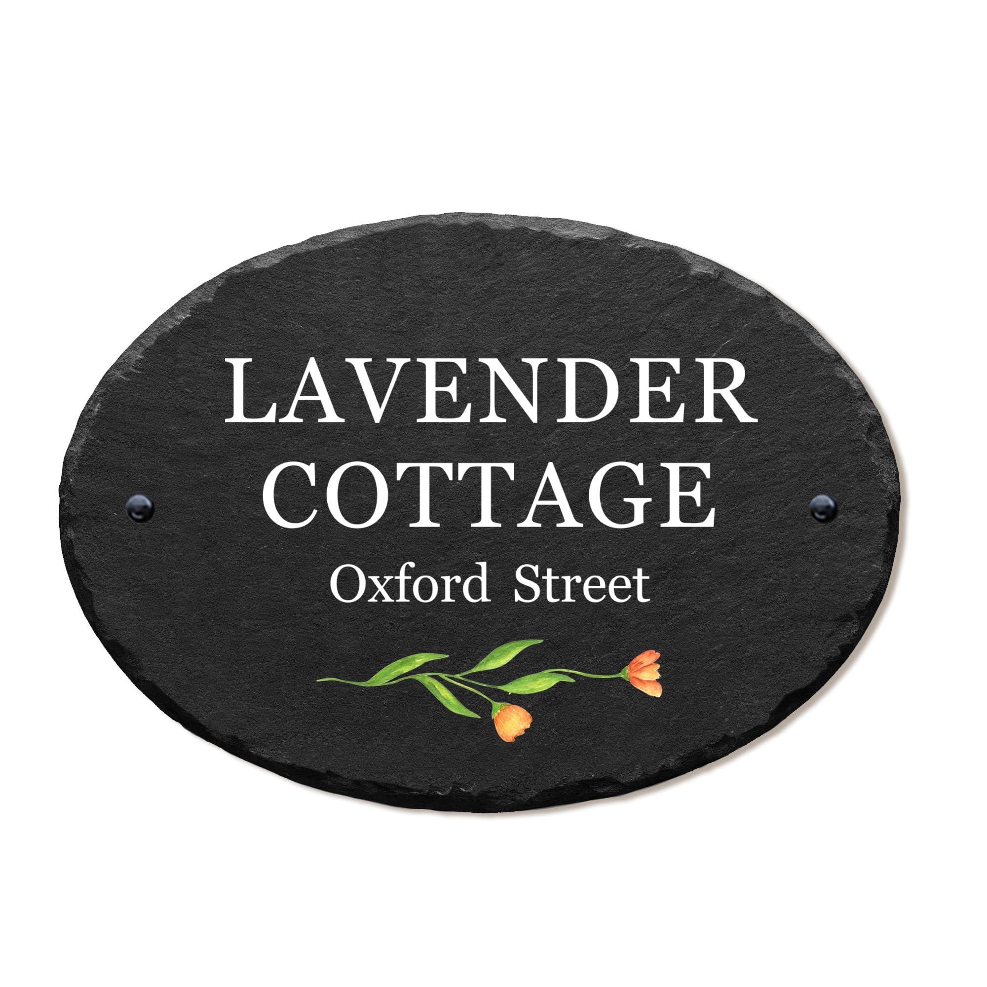 EDSG Personalised Slate House Signs for Outside, UV Printed House Name Plaques for Outside Door Number Plaques for Wall, Welcome House Sign Yard Garden Signs with Wall Fixings (Oval - 27x19cm)