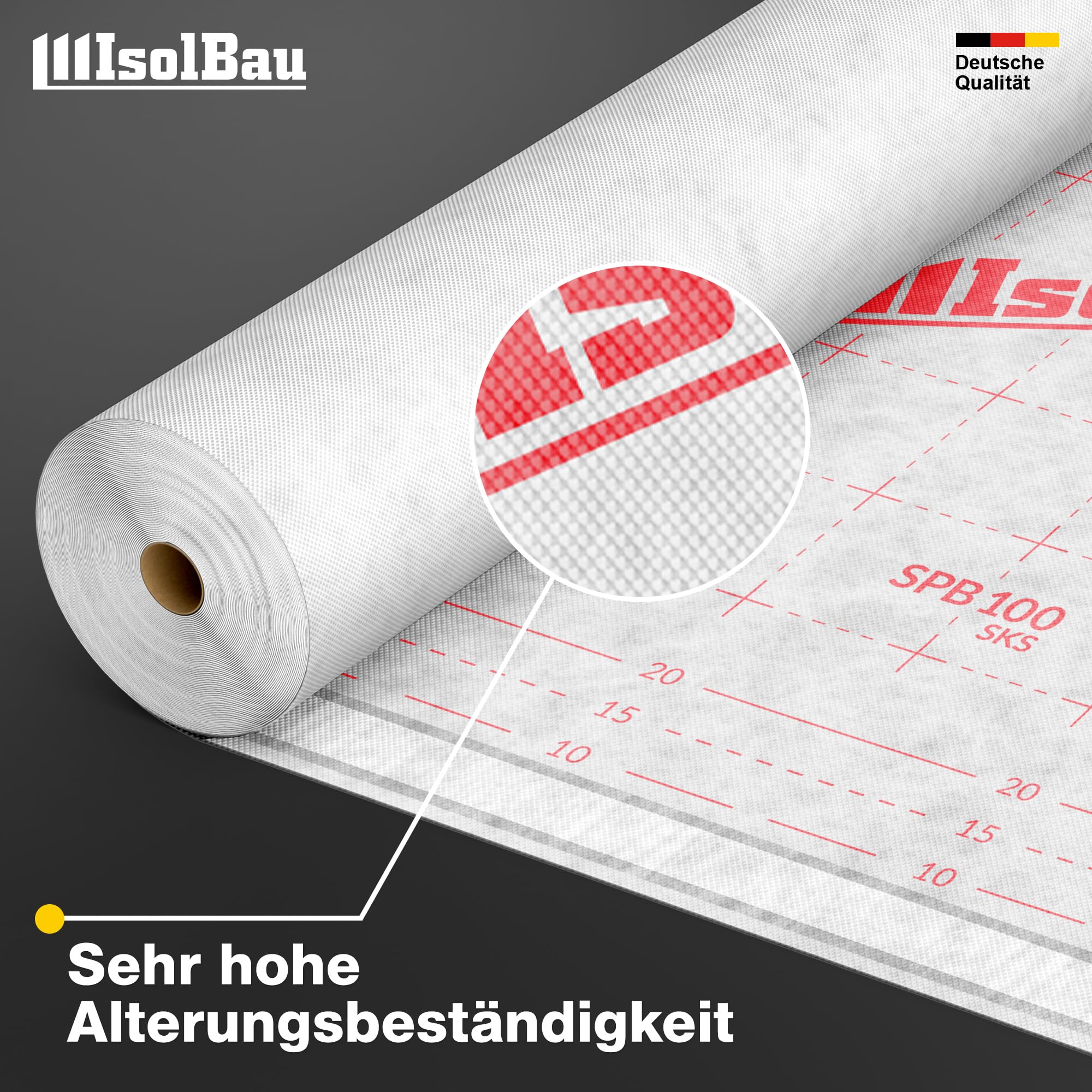 Isolbau Unterspannbahn Dach SPB 100 SKS, 150 m² Rolle (1,5 x 100 m) - Selbstklebende Dachfolie 100 g/m² & 2 Klebestreifen - Dampfdurchlässige Unterdeckbahn, wasserdicht und witterungsbeständig