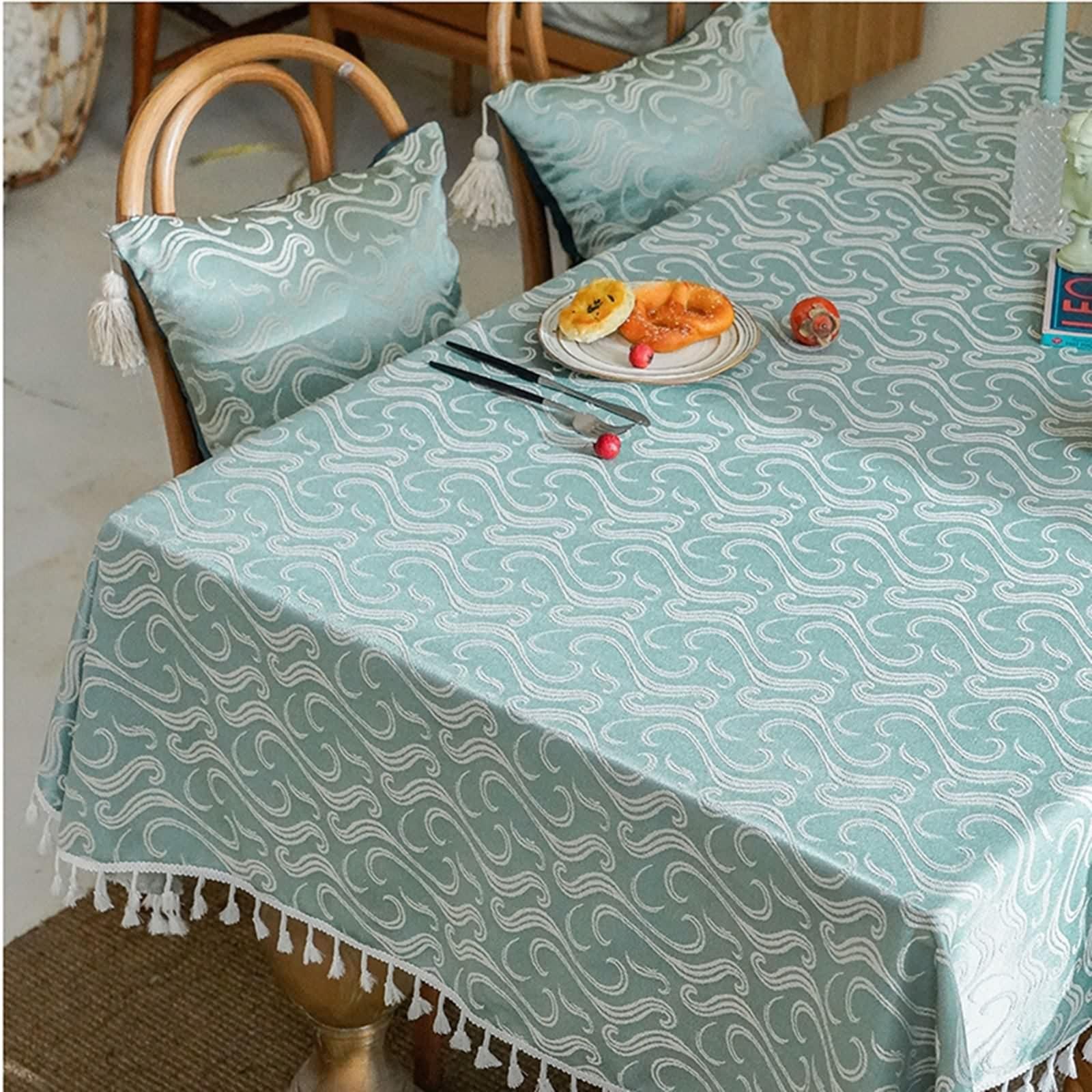 Tovaglia Rettangolare Verde, Tovaglia Tavolo Salotto Cotone Lino Forma Di Nuvola con Nappa Copri Tavolo 135X240CM per Soggiorno Cucina