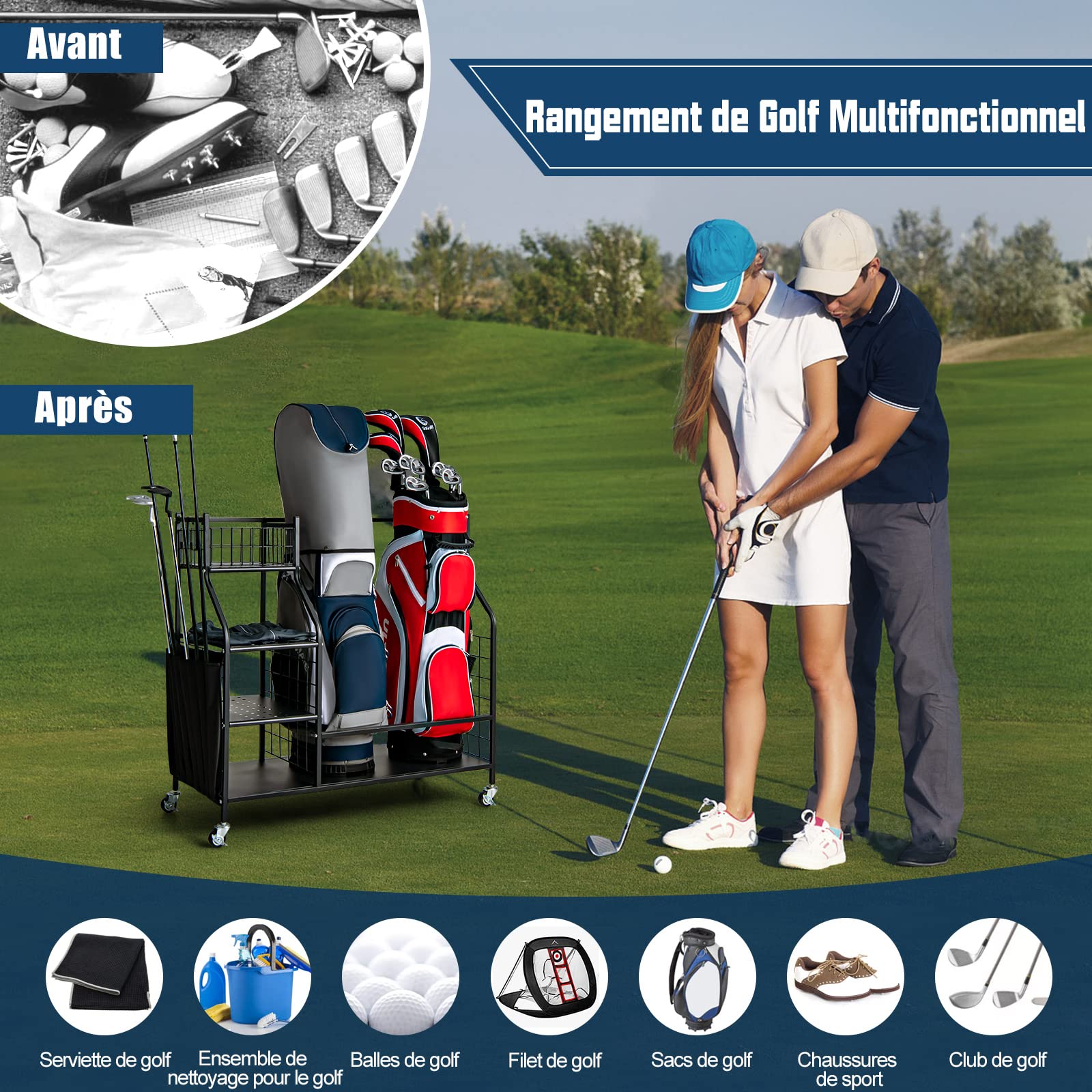 COSTWAY Support de Rangement pour Sac de Golf avec Roues Universelles Verrouillables, Organisateur de Stockage en Métal pour Accessoires Golf avec Étagère et 4 Crochets