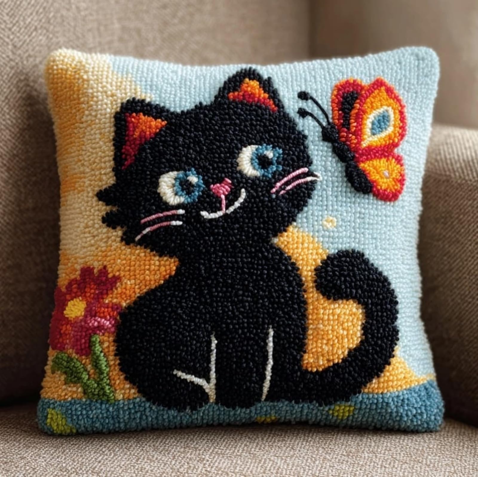 AxiangziK 43x43cm Latch Hook Pillow Kit,Cats and Butterflies Pre-Printed Pattern Cushion Cover,Craft Set with Yarns and Hook for All Ages
