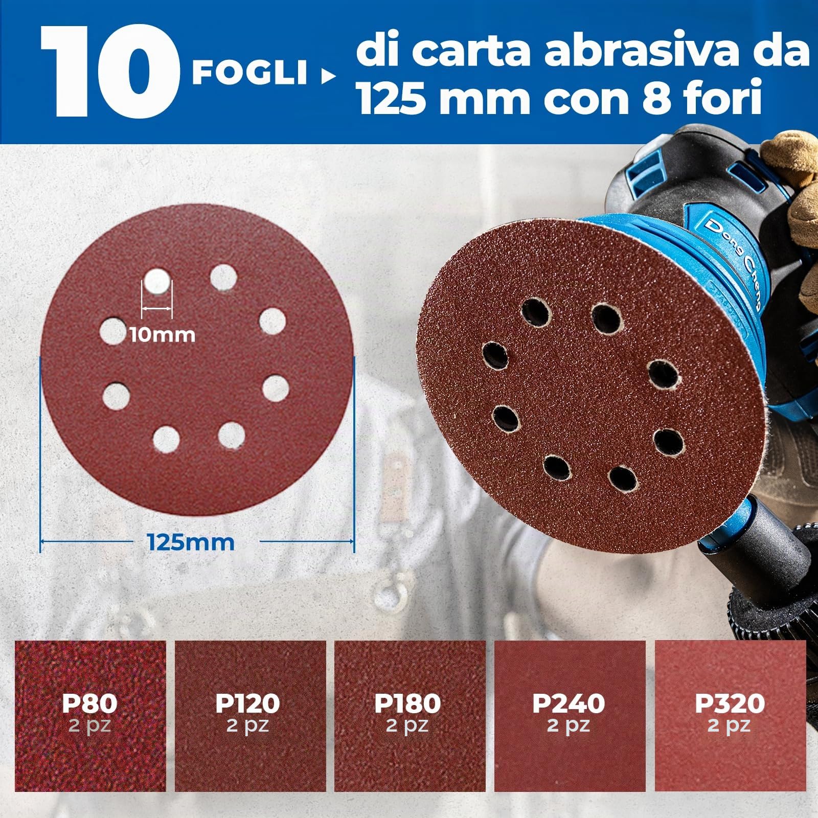 Dong Cheng 300W Levigatrice Orbitale, 125 mm, 6 velocità, 4000-12000 giri/min, Sistema di raccolta della polvere con 10 dischi abrasivi, ideale per progetti di lavorazione del legno