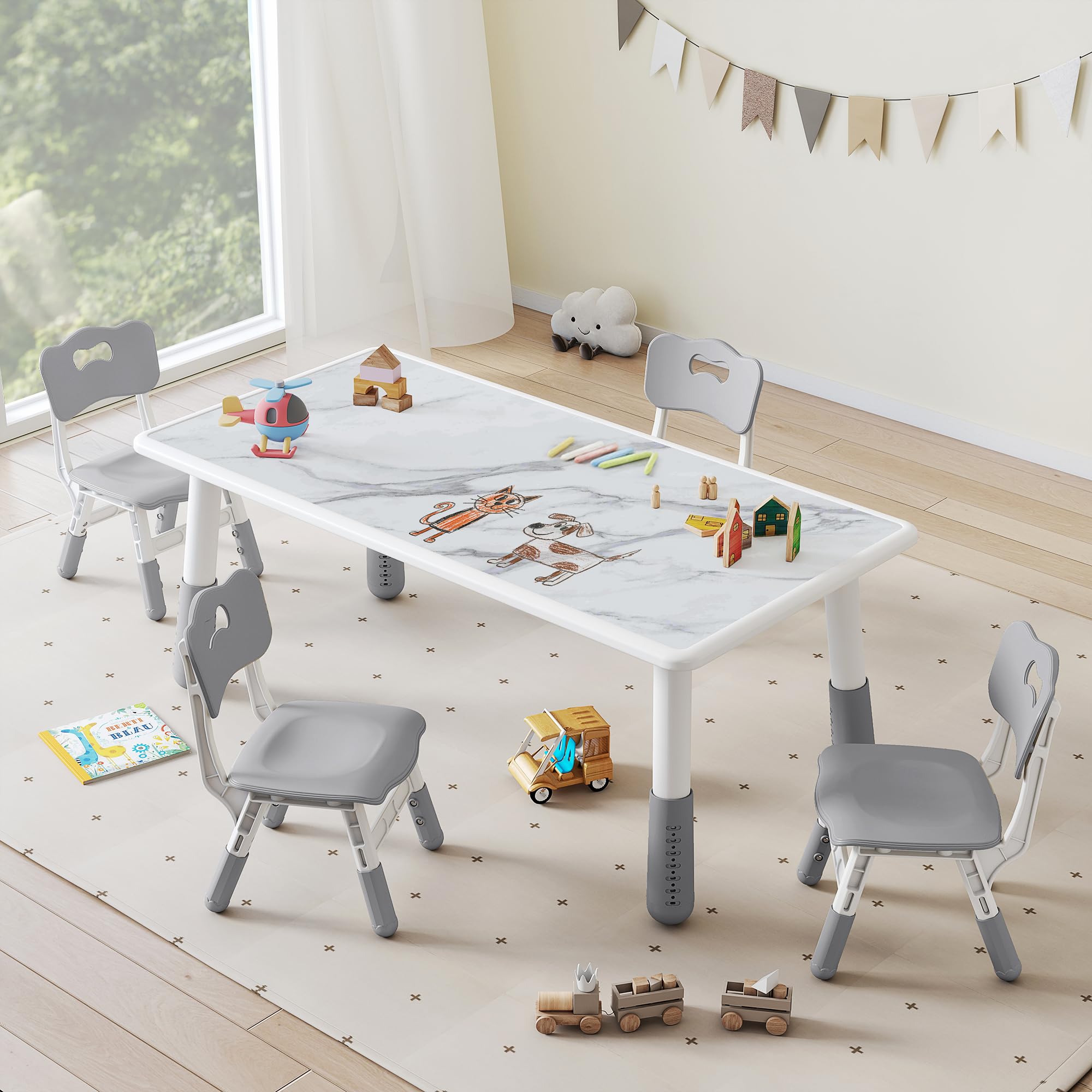 DOREROOM Toddler Table and 4 Chairs Set, Height Adjustable Kids Table and Chairs, 47.2''L x 23.6''W, Marble Pattern & Graffiti Desktop, Children