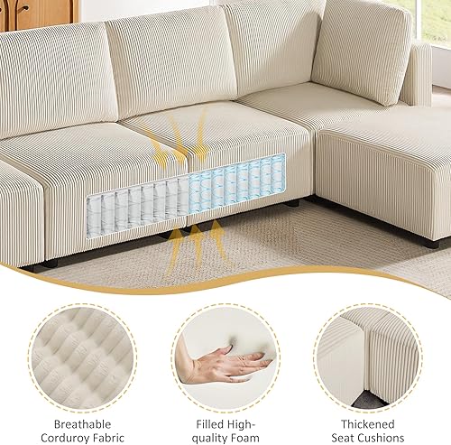 Miniatura 9 de Sofá modular modular con otomanas, sofá modular de pana en forma de V de 123.6 pulgadas con diván, sofá cama modular convertible de 6 plazas, sofá
