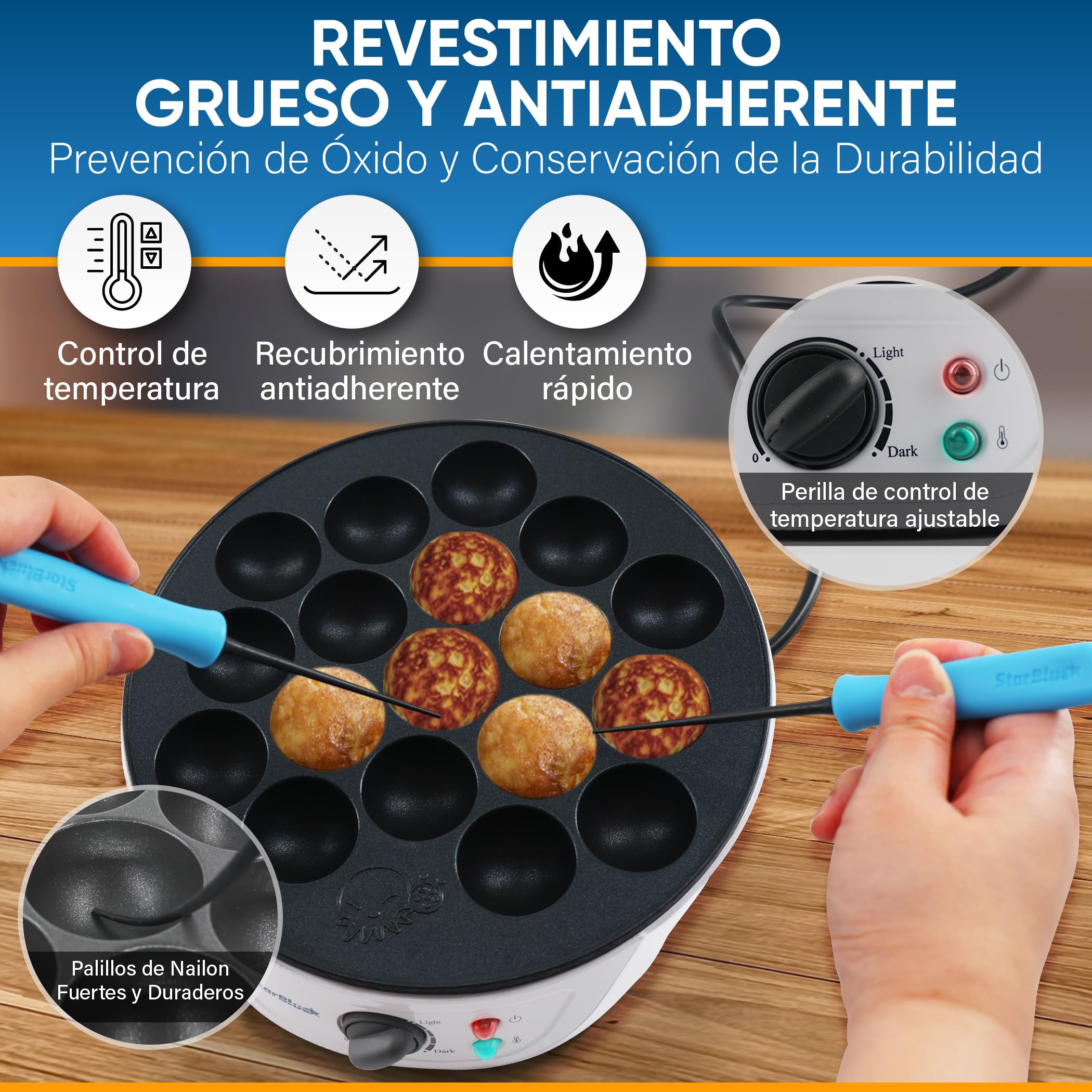 StarBlue Takoyaki Maker Machine Machine with Free Takoyaki Picks - Control de temperatura de 18 agujeros, 220 V, 60 Hz, 700 W, Enchufe del Reino Unido Y Adaptador Europeo