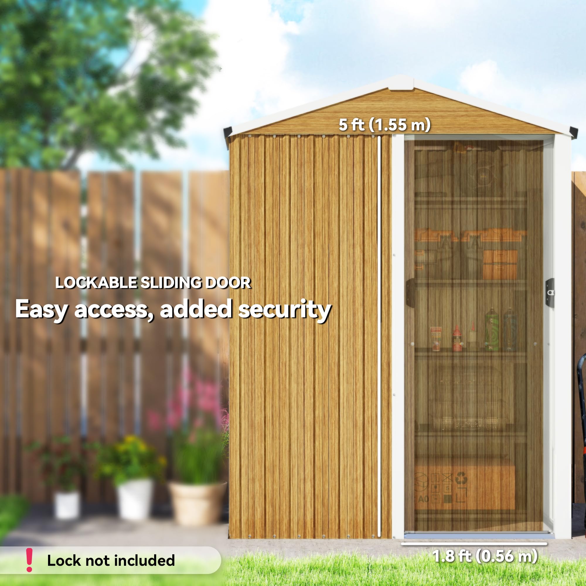 Outsunny 4.5 x 3ft Outdoor Storage Shed, Waterproof Metal Garden Shed with Gloves, Lockable Sliding Door and Pitched Roof for Backyard, Patio, Lawn, Poolside, Wood Grain - 4