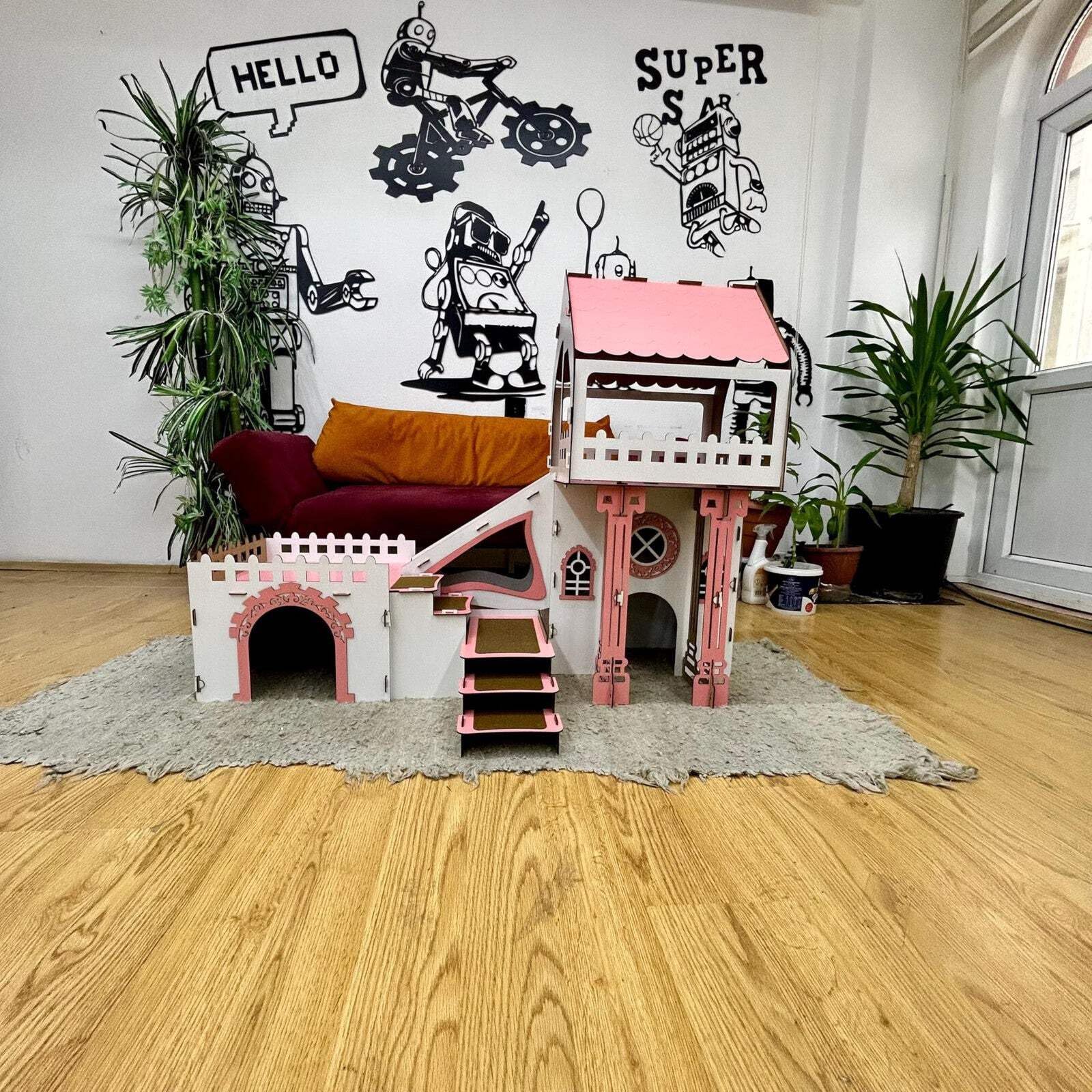 Dach?Triplex Kaninchenhaus „Bunny Castle“ – Großes 3?stöckiges Hasenschloss mit Terrasse & Holzbrücke – Für bis zu 4 Kaninchen (bis 10?kg), inkl. waschbaren Welsoft?Kissen (weiß-rosa, N)