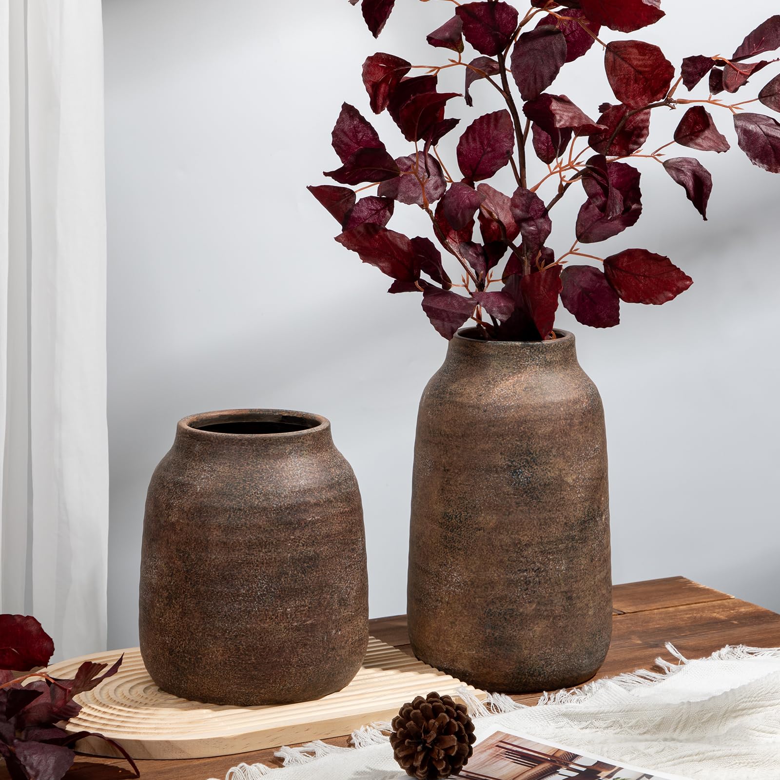 Briful Vase en céramique de 28 cm de haut pour fleurs, vases rustiques en bronze avec ouverture de 10,2 cm, grand vase à fleurs pour pampa, plantes sèches, fleurs fraîches, décoration d'intérieur et
