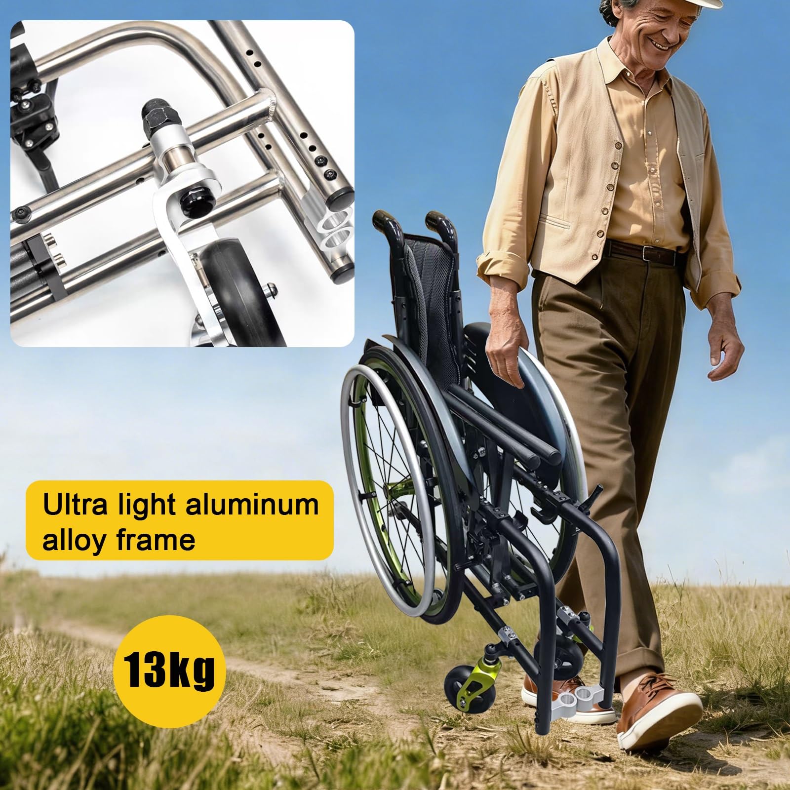 Sedia a rotelle Sportiva, in Lega di Alluminio Leggera con Freni a Mano, Ruote Posteriori a sgancio rapido, Design Pieghevole ergonomico per Il Trasporto.