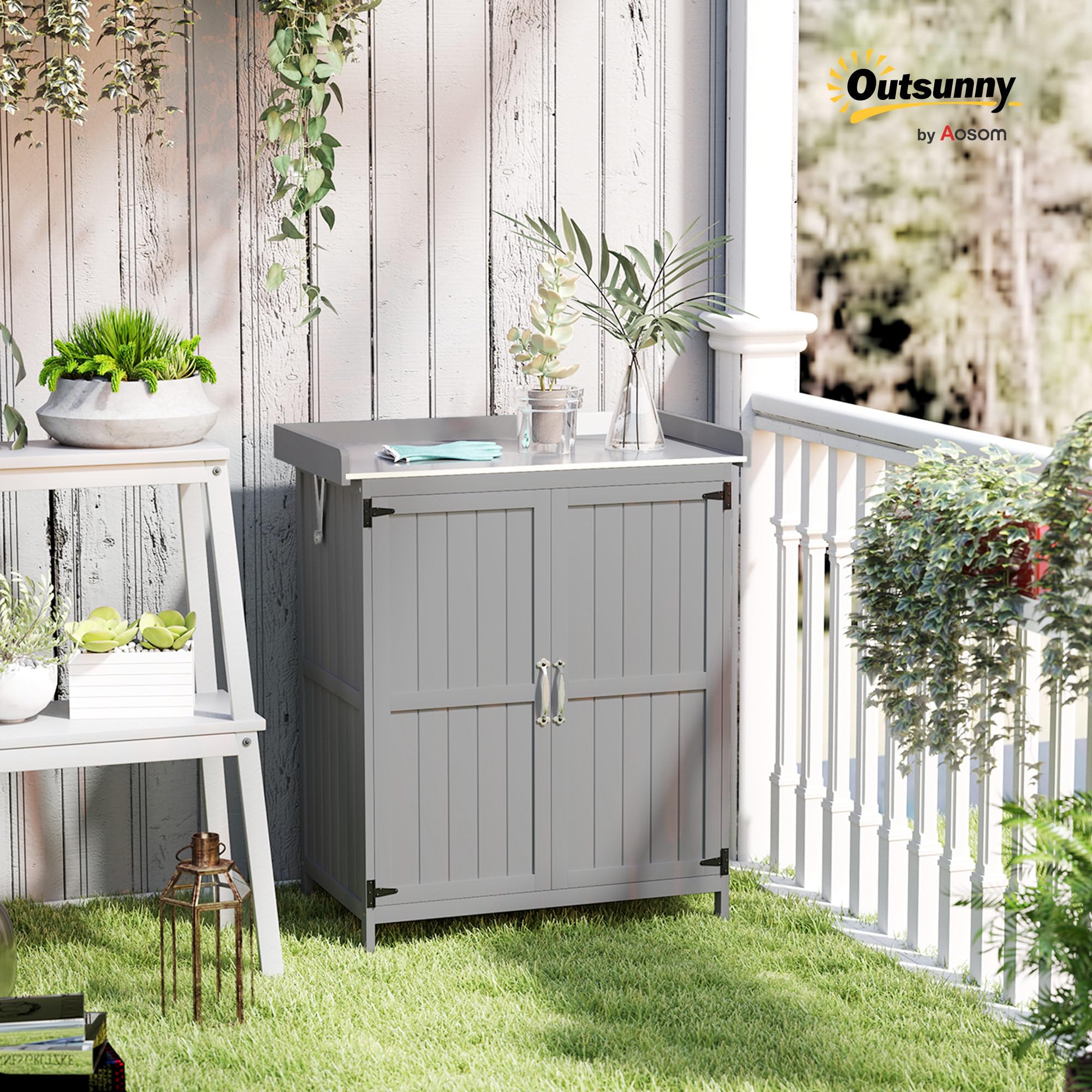 Outsunny Gartenschrank Holz wetterfest 74x43x88cm Gerätehaus mit Klappdach Ablagen Arbeitsfläche Grau