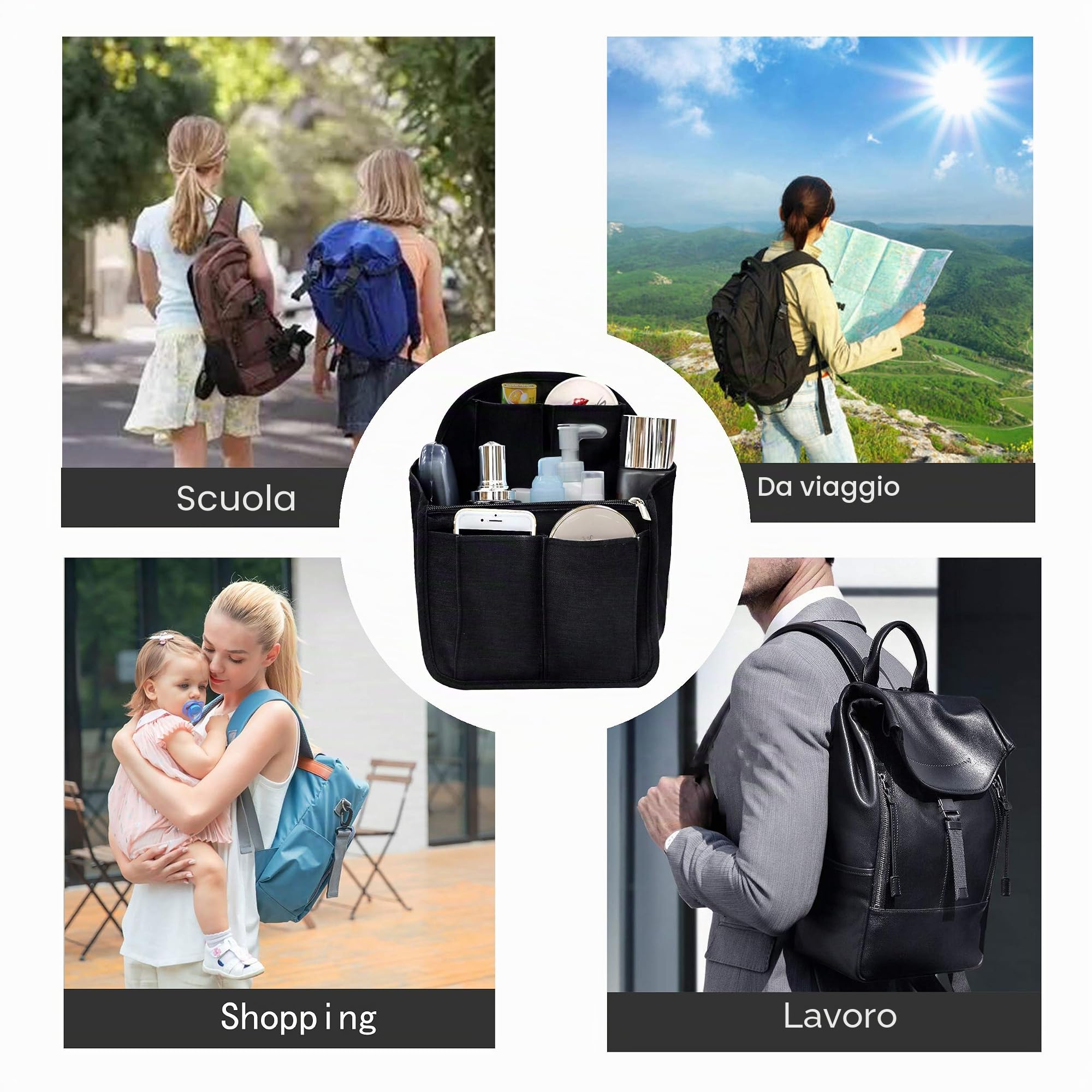 Inserto per Organizer per Zaino in Nylon, Zaino Borsa Universale a Tracolla, Nero