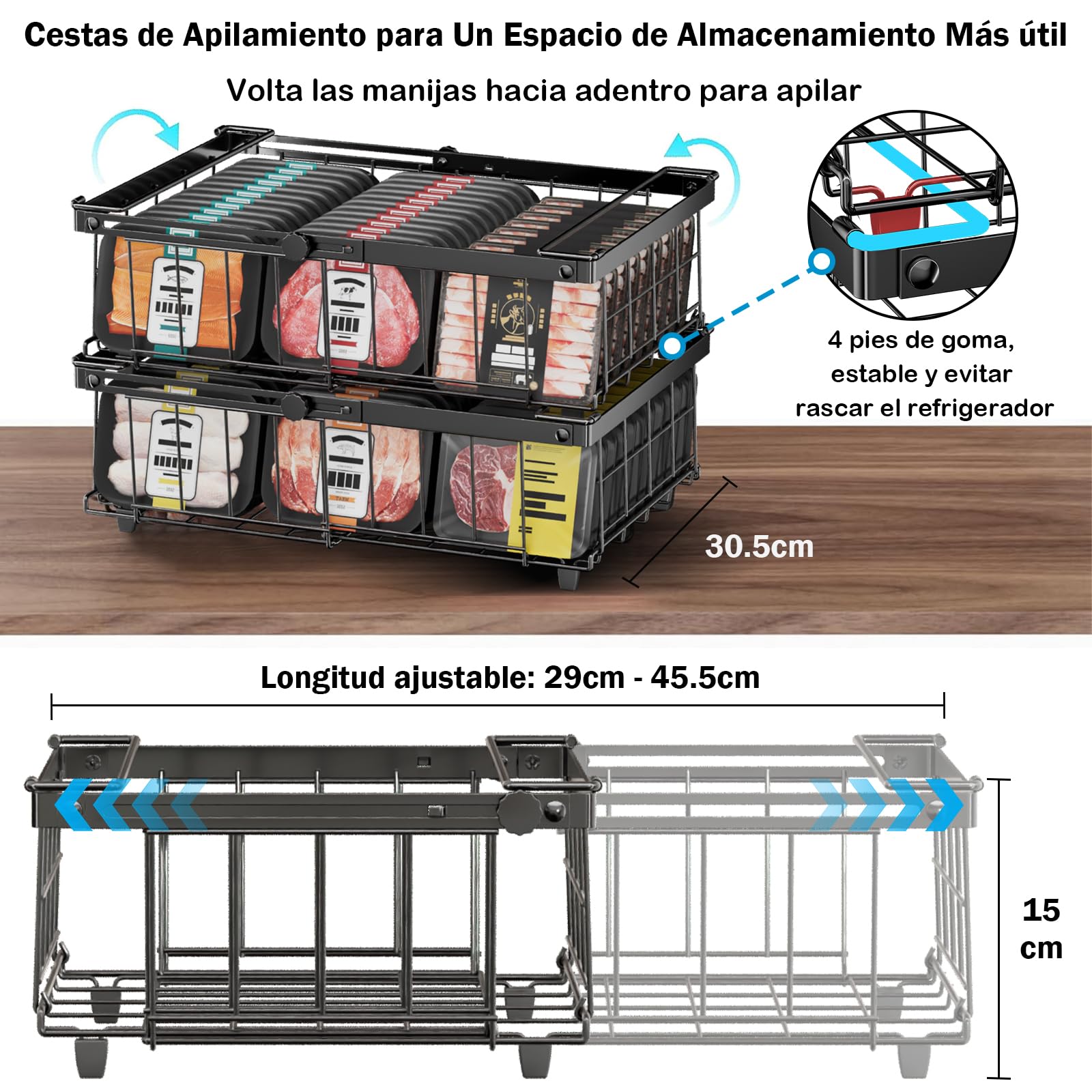 2 Piezas Organizador de Congelador, Metal Organizador Arcon Congelador Apilable Extensible para 140-570L Congeladores, Cesta Cajon con Asas Plegables y Fondo Antideslizante