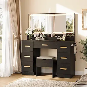 Garvee Vanity Desk with Large Mirror and Lights, 45.9In Makeup Vanity Desk, 3 Lighting Modes Adjustable Brightness, Vanity Table with Power Outlet &8 Drawers, for Powder Room and Bedroom